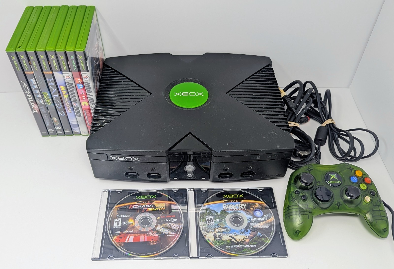 Original Xbox Console Bundle w/ 10 Games & Green Controller – Power Button Issue