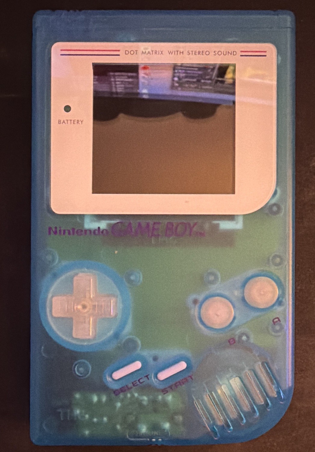 Nintendo Game Boy DMG-01 Clear Blue Handheld Stereo Sound w/ Case & Game *WORKS*