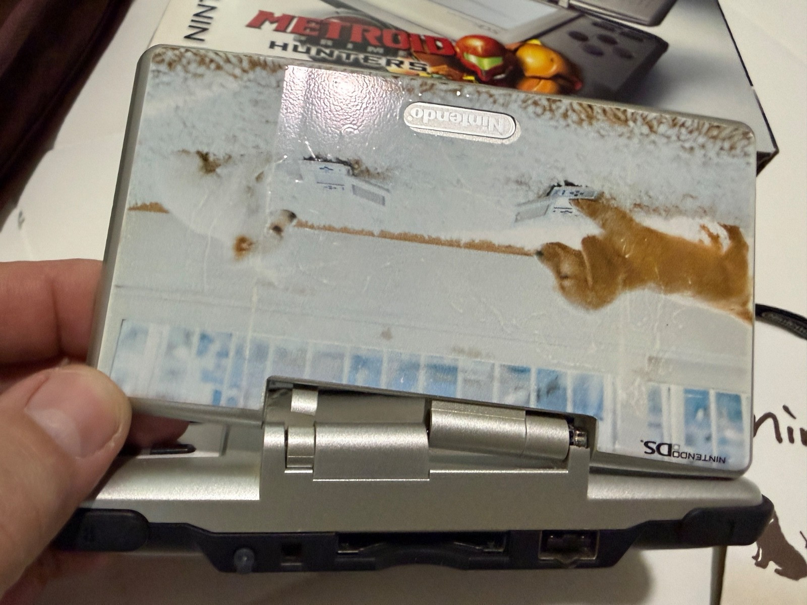 Nintendo DS Handheld Silver Console NTR-001 – Hinge Broken – Nintendogs Graffix