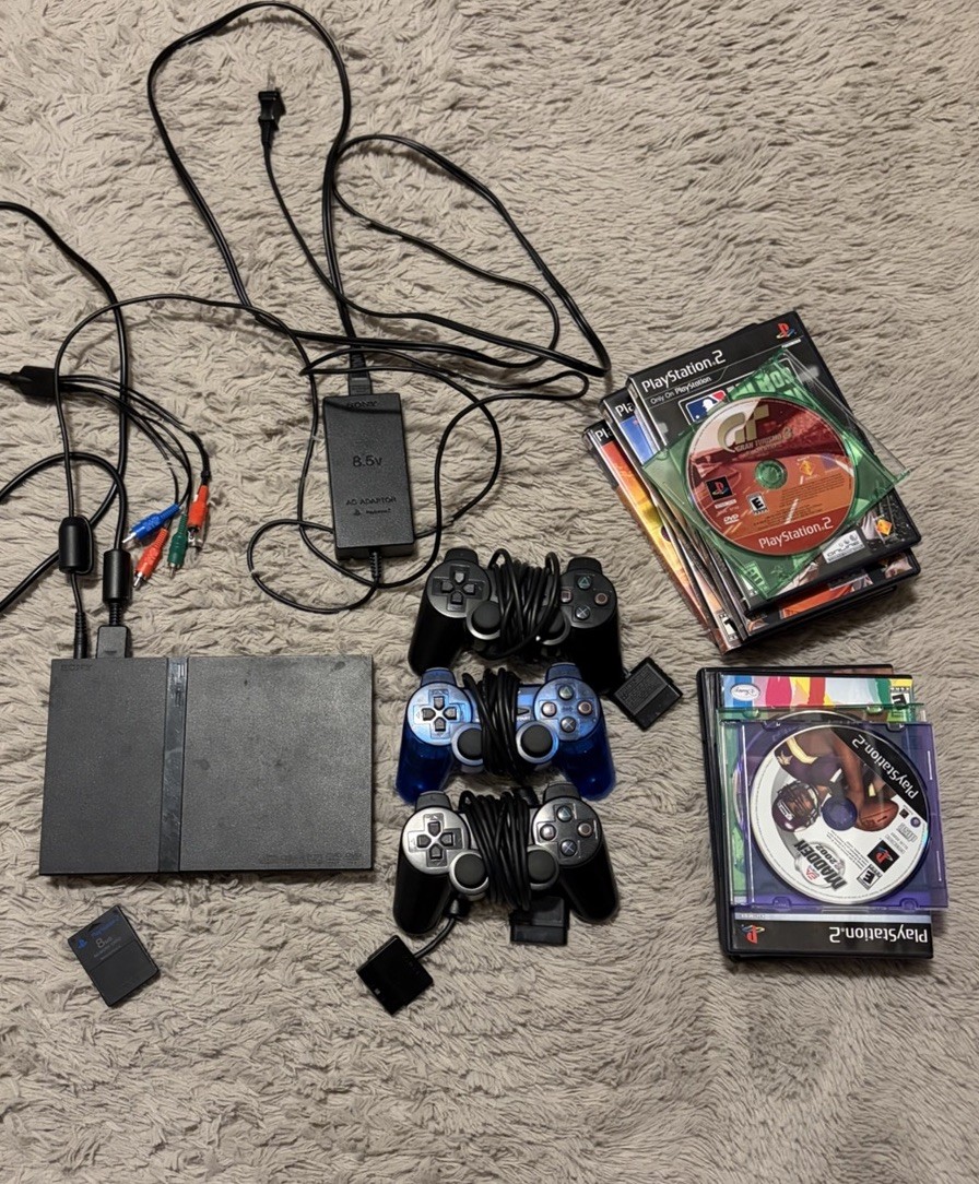 Sony PlayStation 2 Slim Console Black Tested Controllers Games Bundle Lot