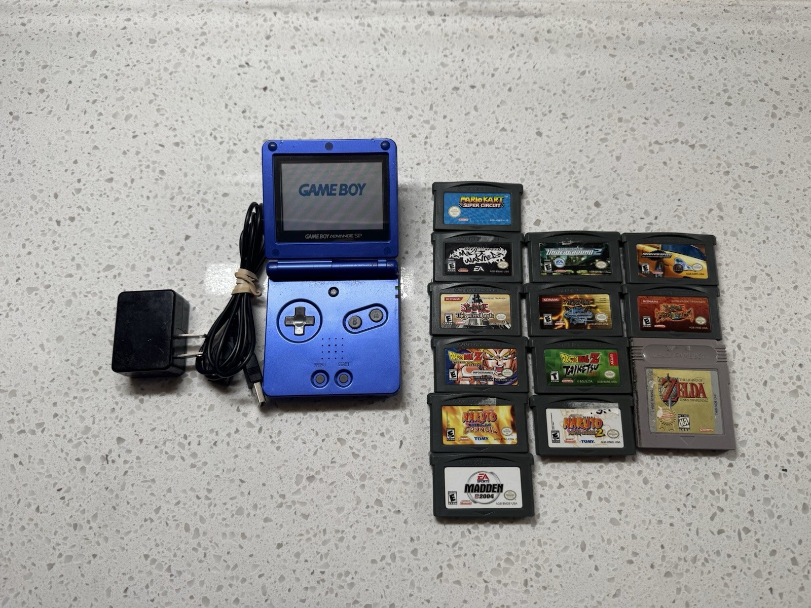 Game Boy Advance SP Blue AGS-001 Bundle w/ Charger, & 12 Games Working READ