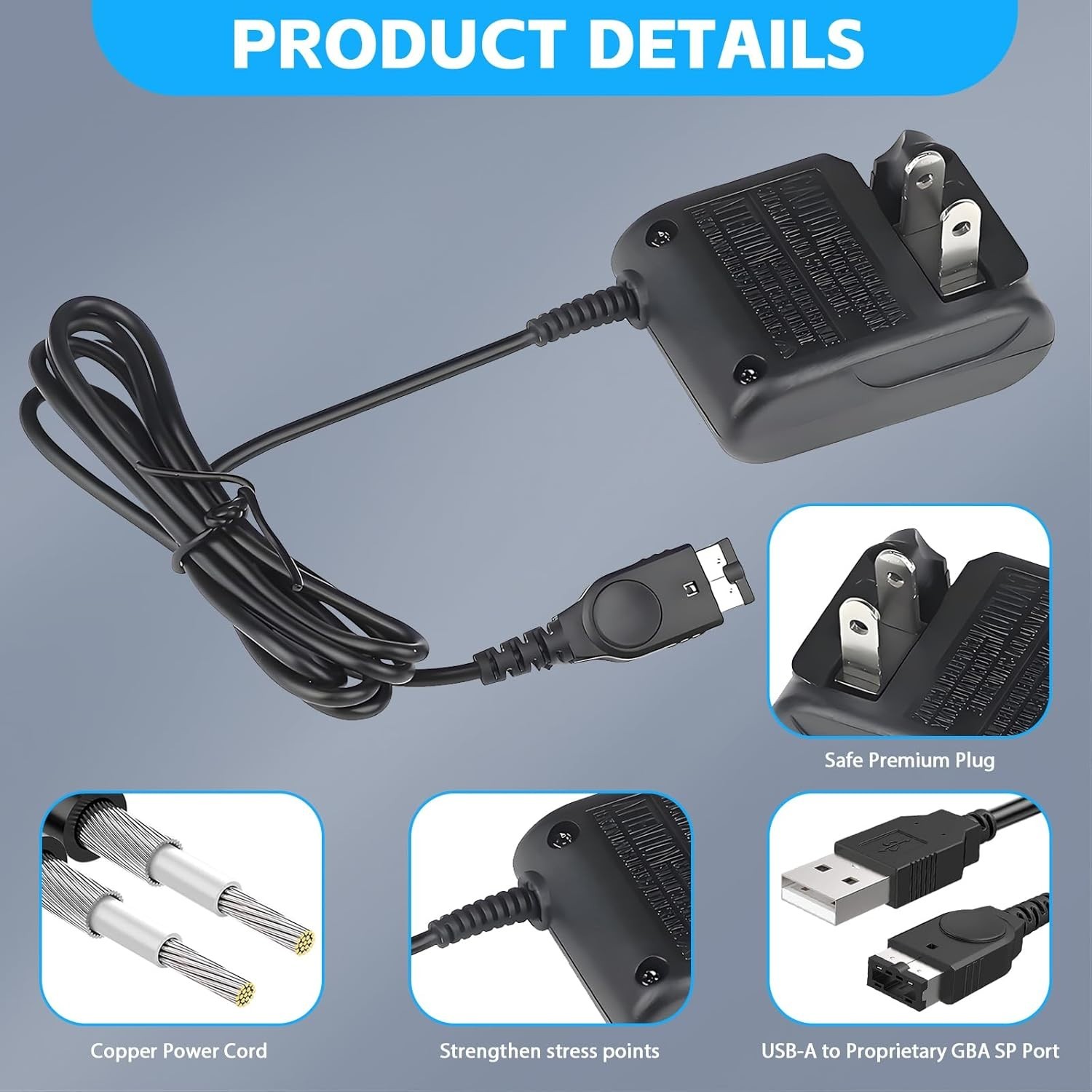 Gameboy Advance SP Charger, Nintendo DS AC Adapter, GBA SP USB Power Cable