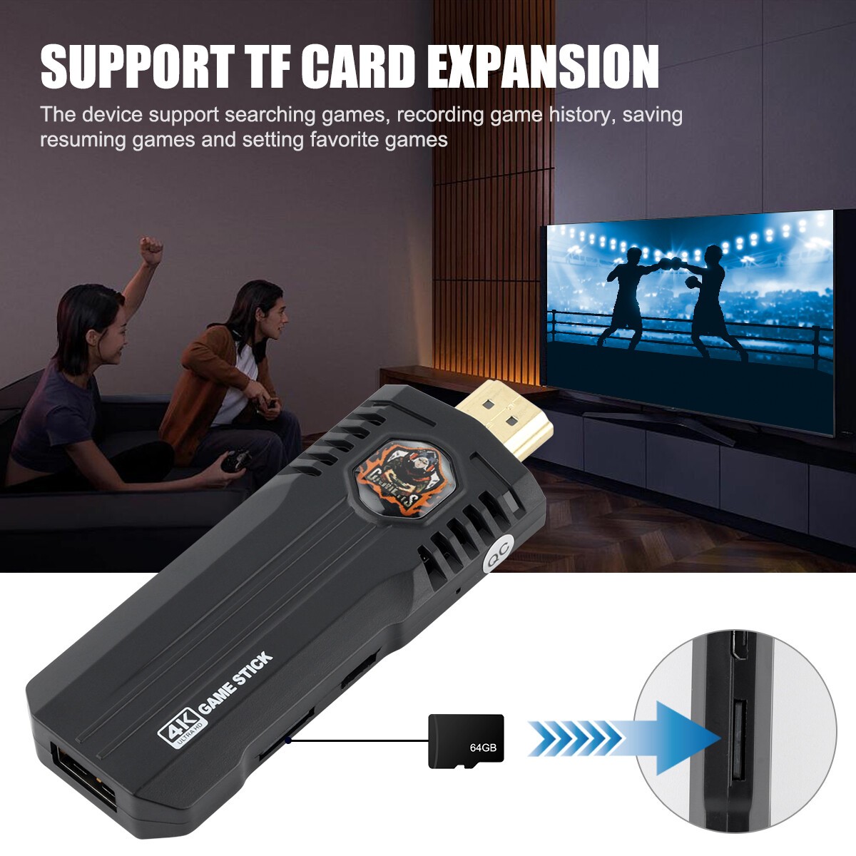 Wireless HDMI 4K TV Game Stick Console Built in 64GB 30000 Retro Games 2 Gamepad