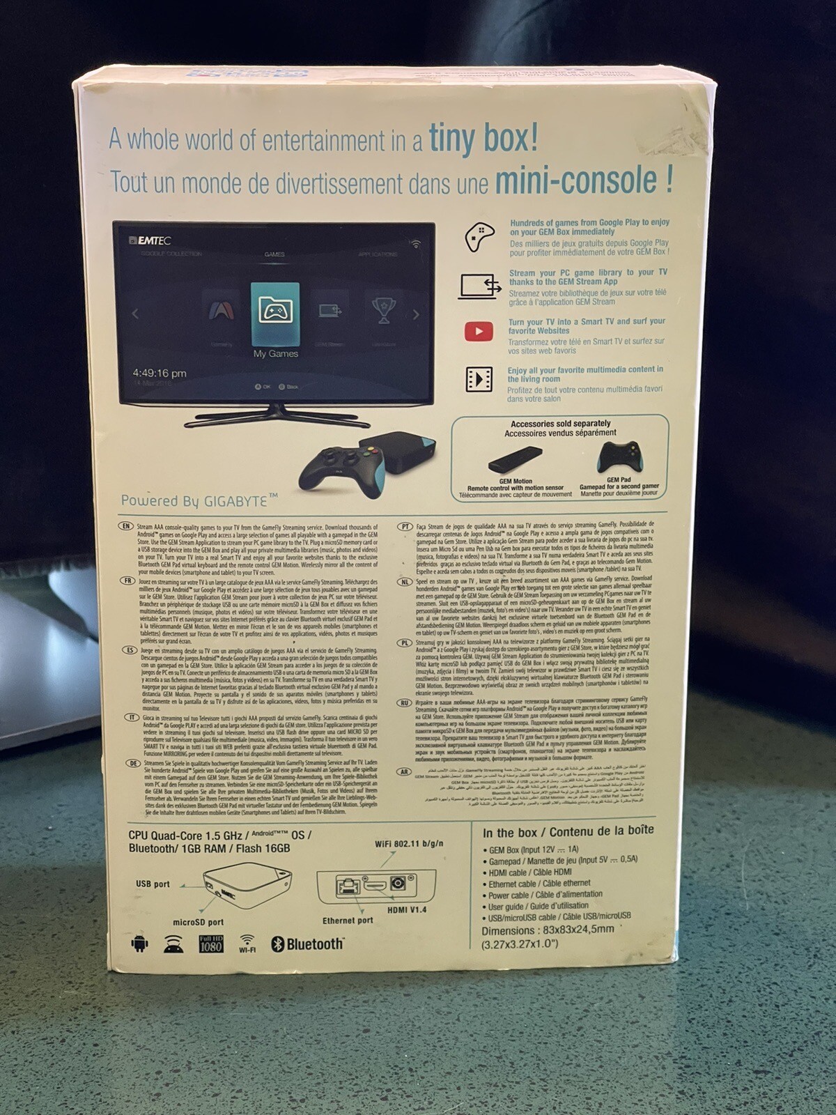 Emtec GemBox Android Game Console CPU Quad-Core 1.5GHz 1GB RAM 16GB Flash Drive