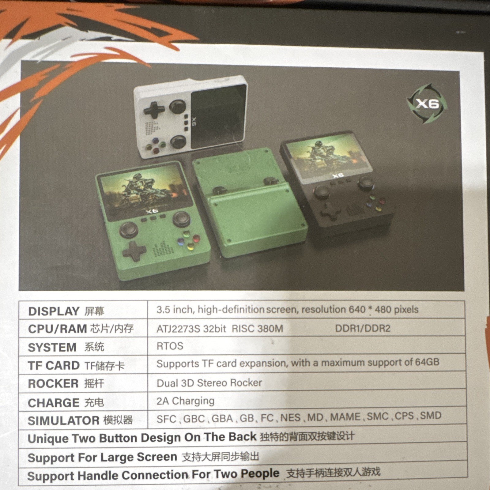 X6 Green Handheld System 64GB 480p 3D Joystick TF Card Slot AV Output