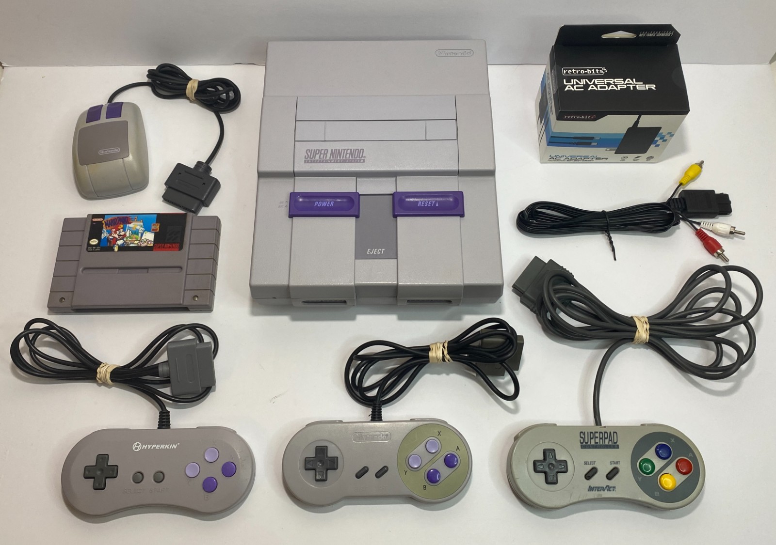 Super Nintendo SNES Console Bundle w/ 3 Controllers, Mario Paint & Mouse – Clean