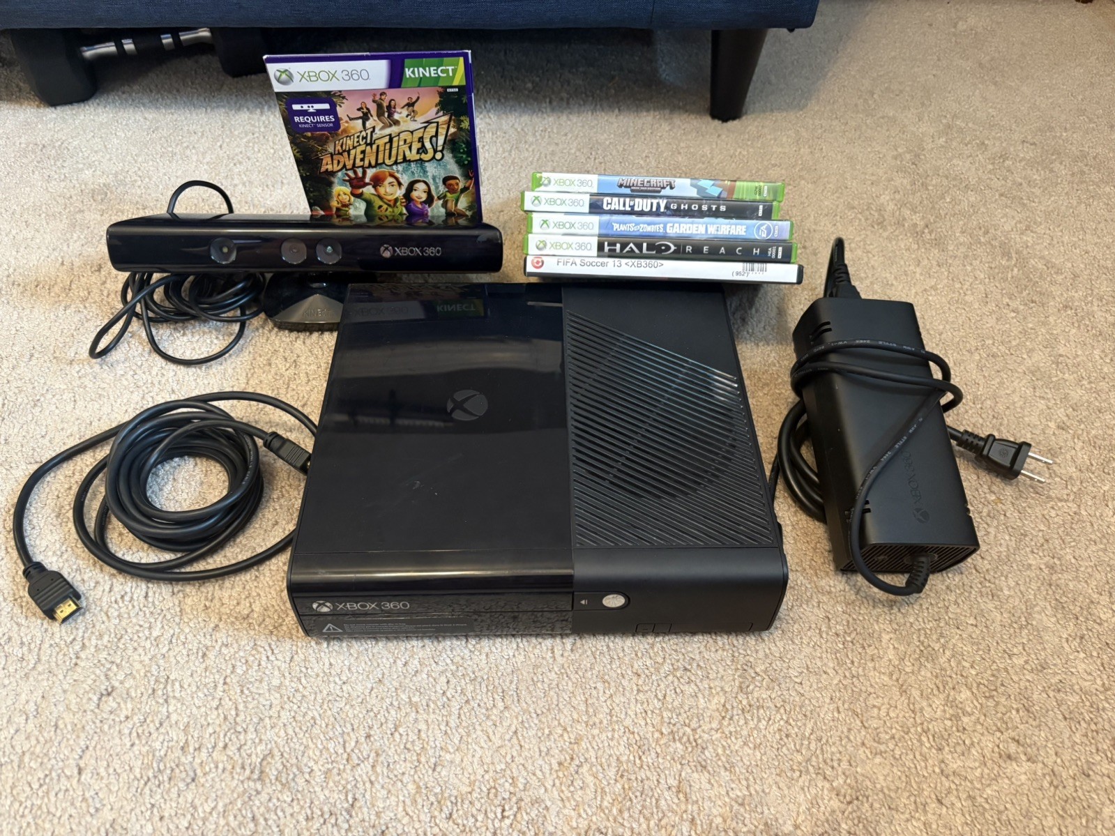 Xbox 360 Slim 250GB Console With power and Kinect Video + HDMI cord + 6 games