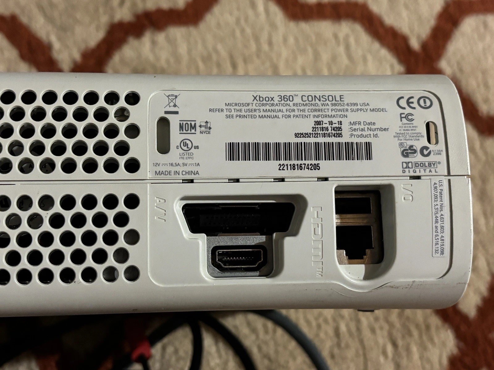 Microsoft Xbox 360 White Console RROD With Audio Video & AC Adapter Parts Only