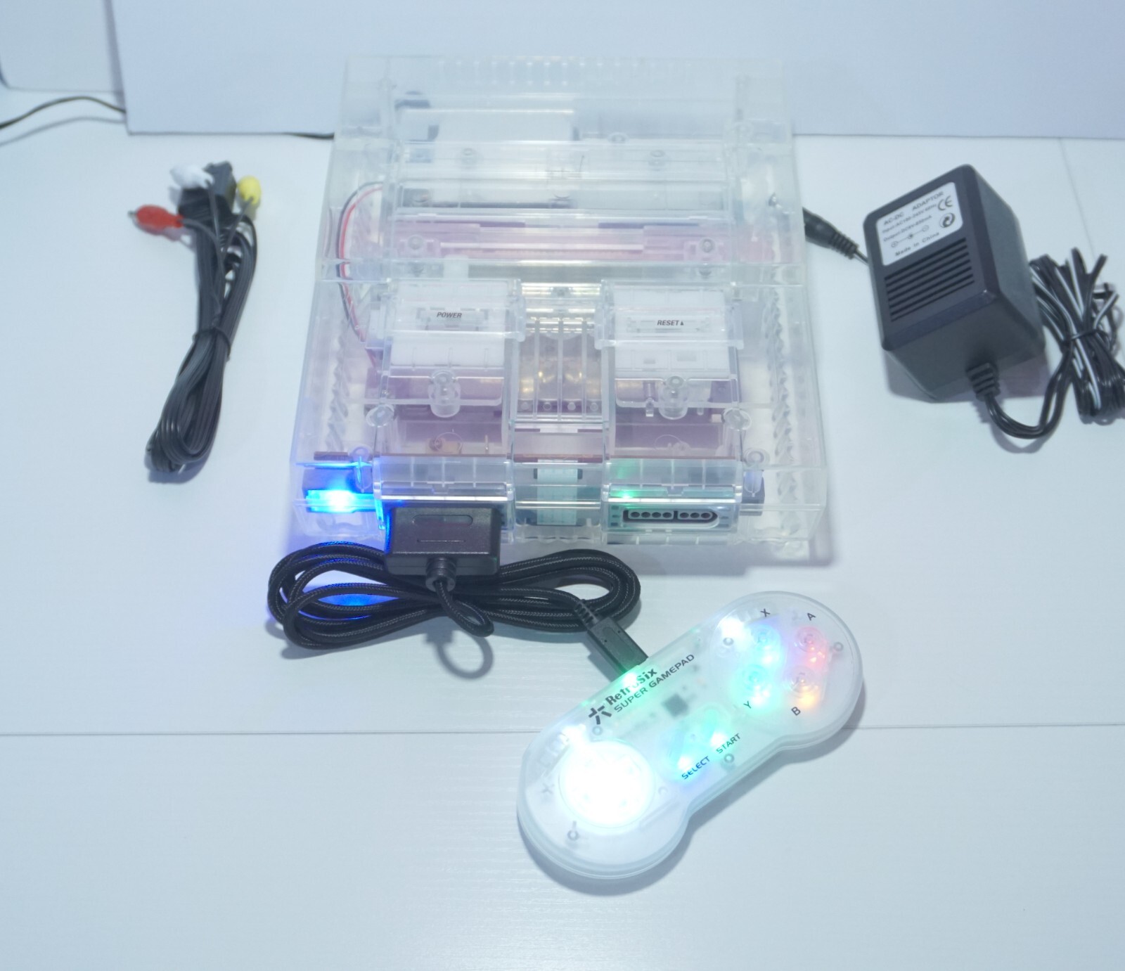 Transparent Clear Super Nintendo SNES Game Console SNS-001 with Blue LED