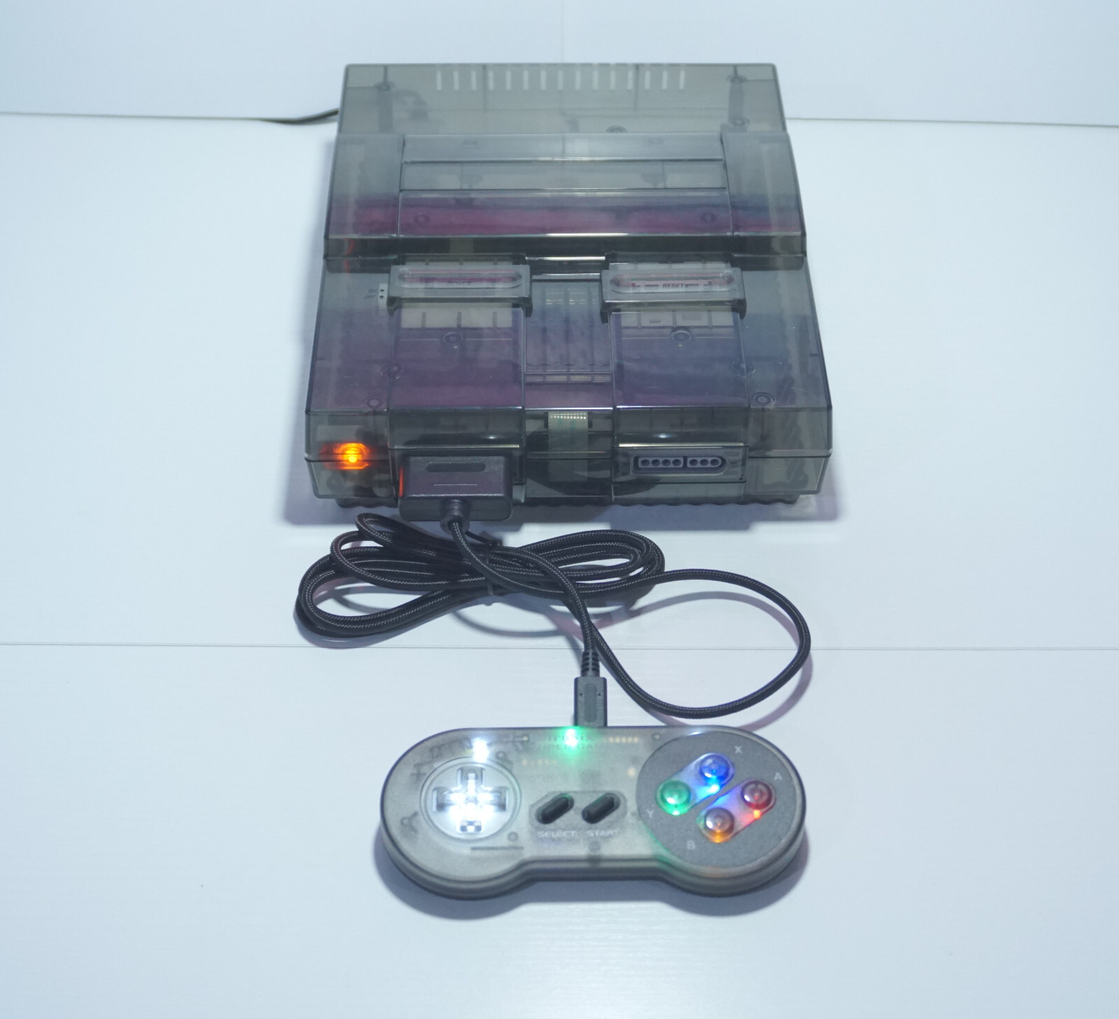 Transparent Clear Smoke Grey Super Nintendo SNES Game Console SNS-001 Orange LED