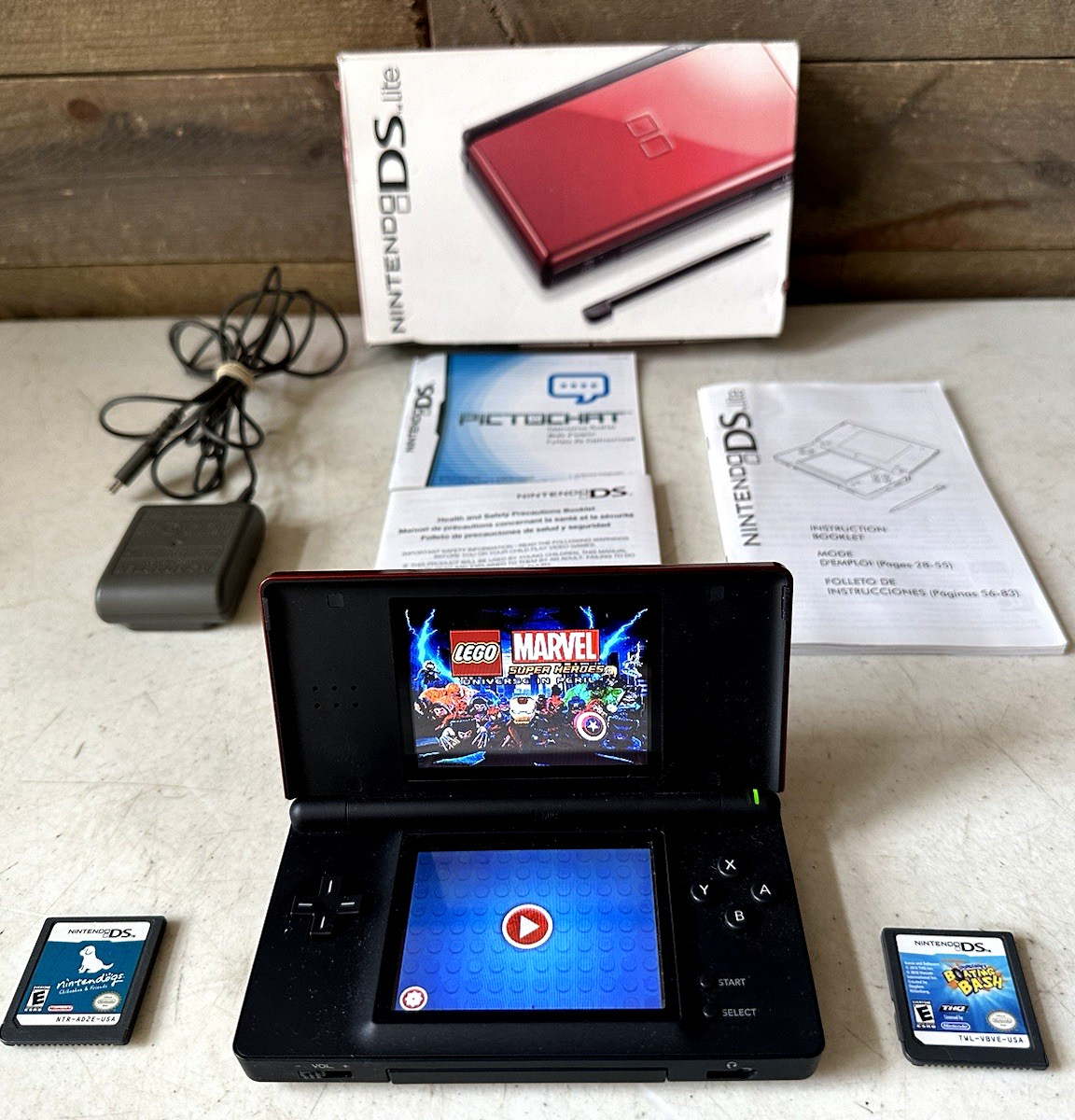 Nintendo DS Lite Red Black Handheld System Console USG-001 + 3 Games Complete