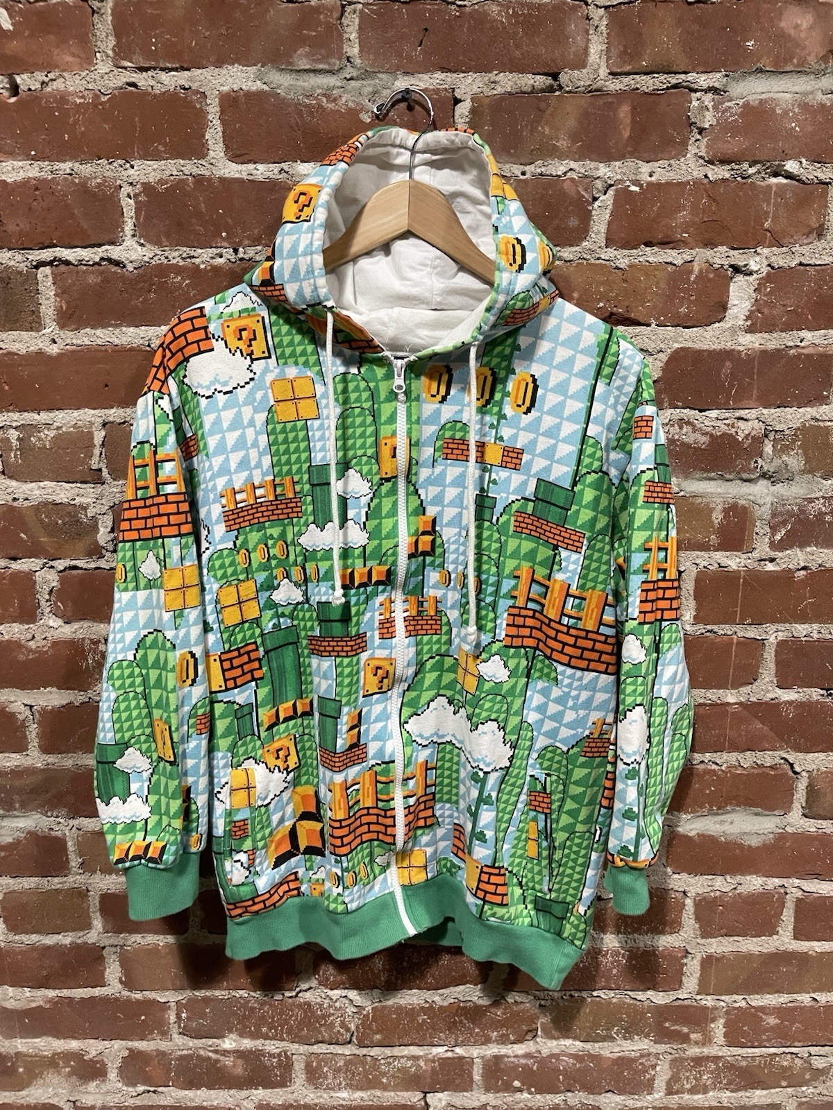 Super Mario Bros Nintendo Jacket Hoodie Men’s Small Full Zip Printed Green Coin