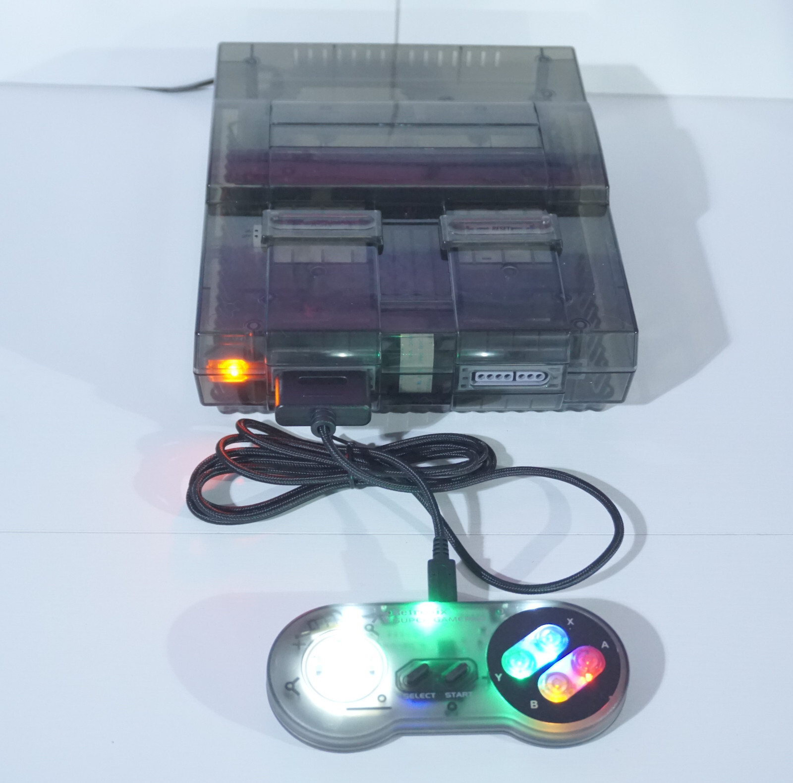Transparent Clear Smoke Grey Super Nintendo SNES Game Console SNS-001 Orange LED