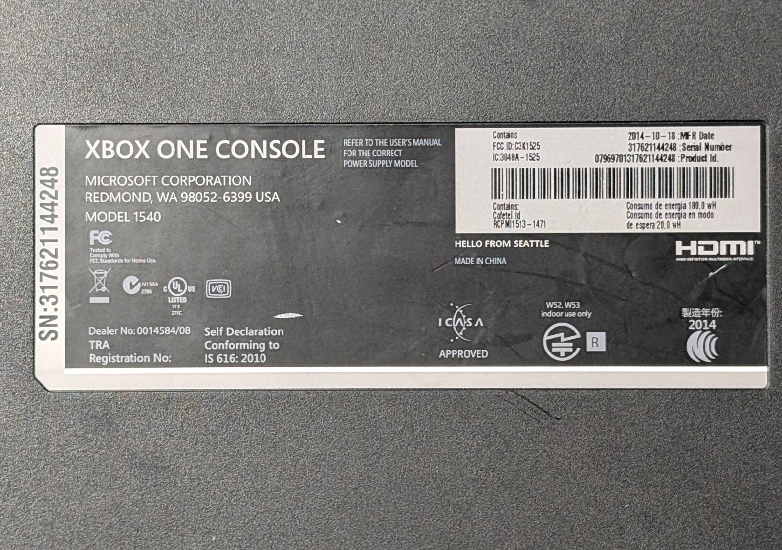 Microsoft Xbox One 500GB Console Gaming System Only Black 1540 No Cords