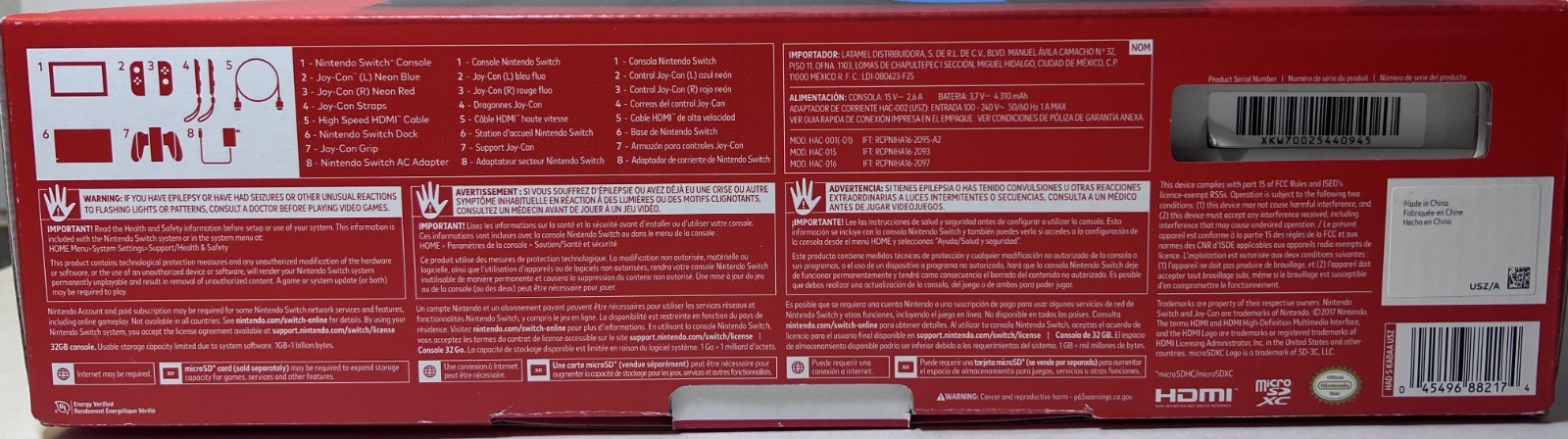 Nintendo Switch System 32GB Console w/Neon Red & Blue Joy-Cons w/Box Gently Used