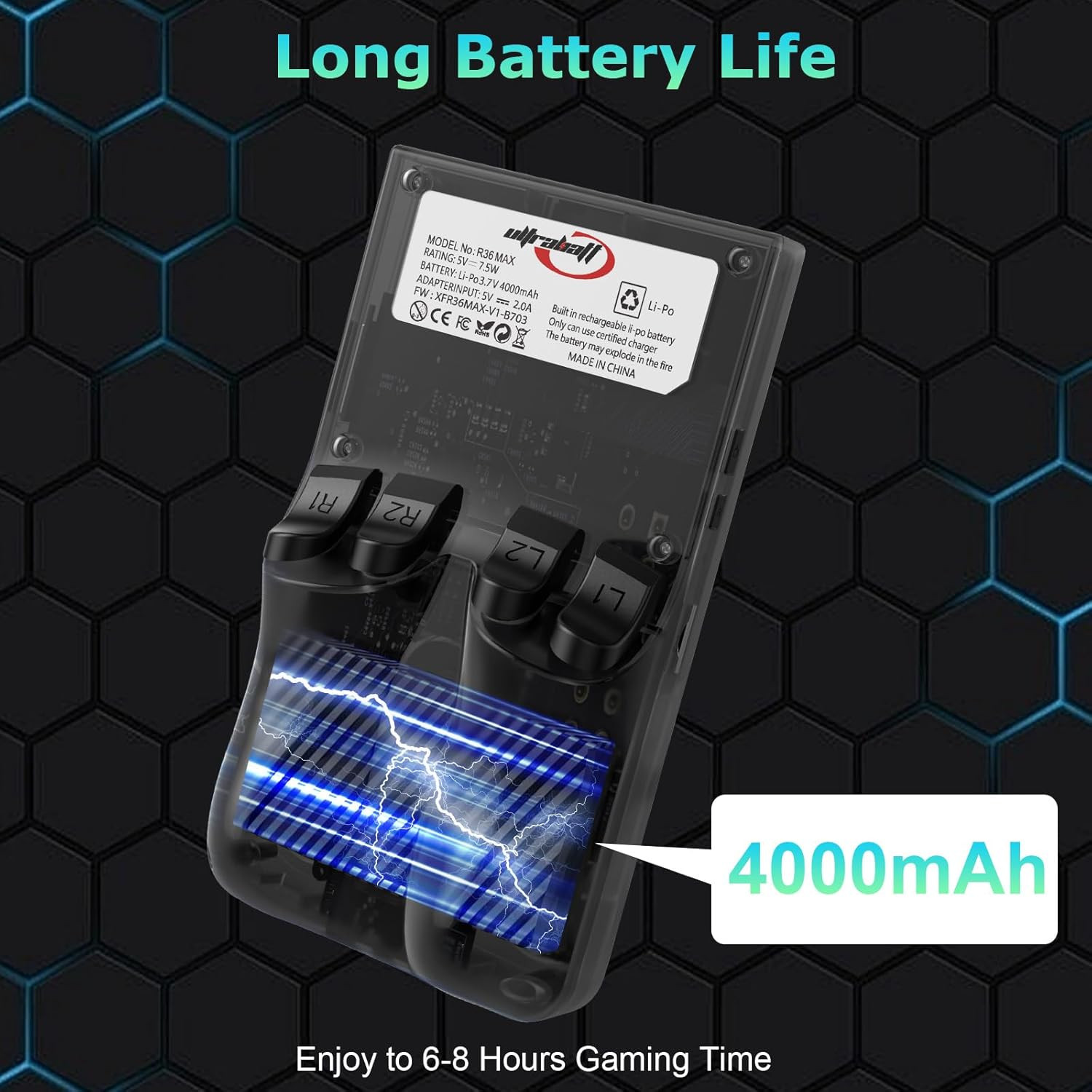 R36MAX Handheld Game Console, Built-In 4000Mah Battery, 4K HD 4″ IPS Glass Scree