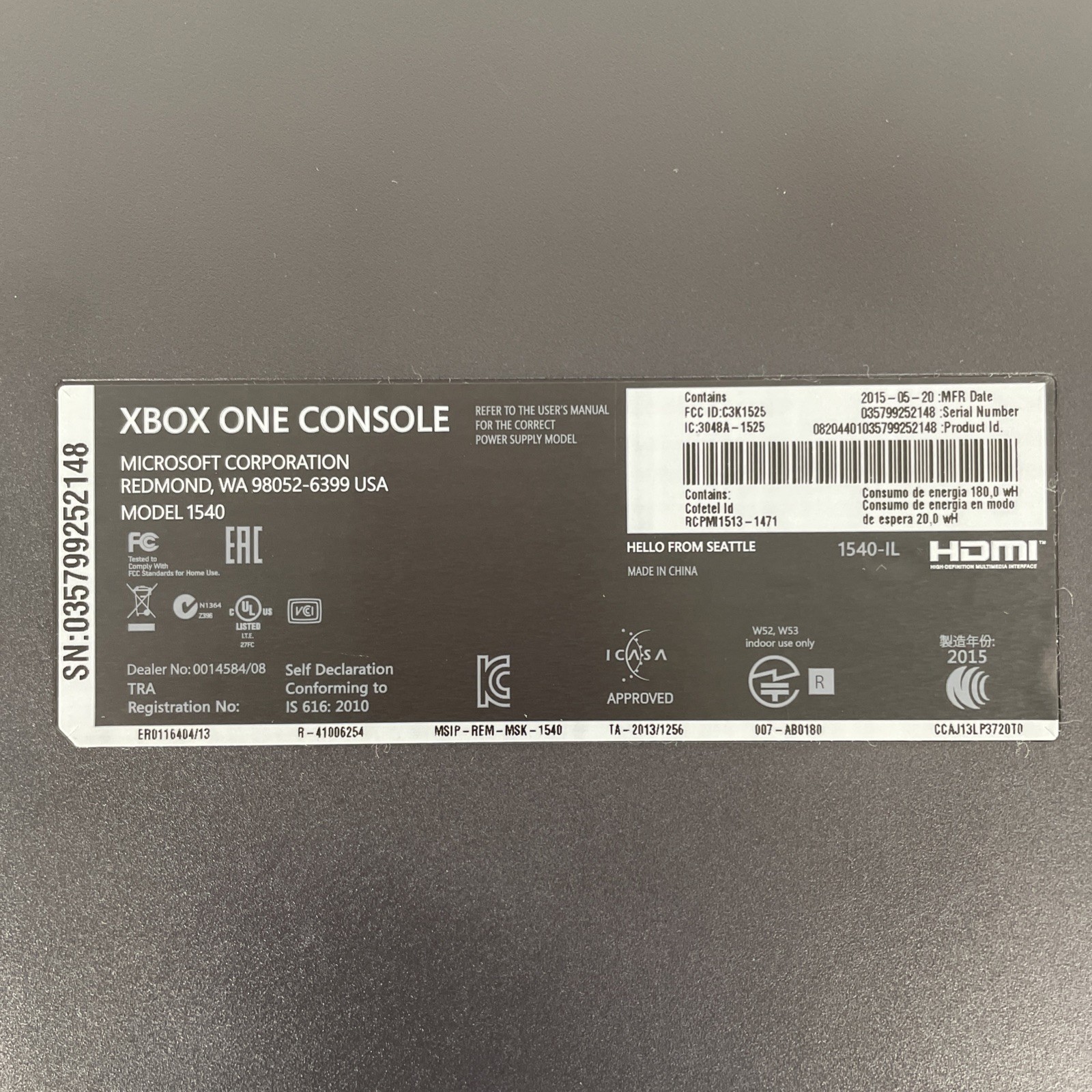 Xbox One w/ Kinect No Controller – Model 1540 – PARTS