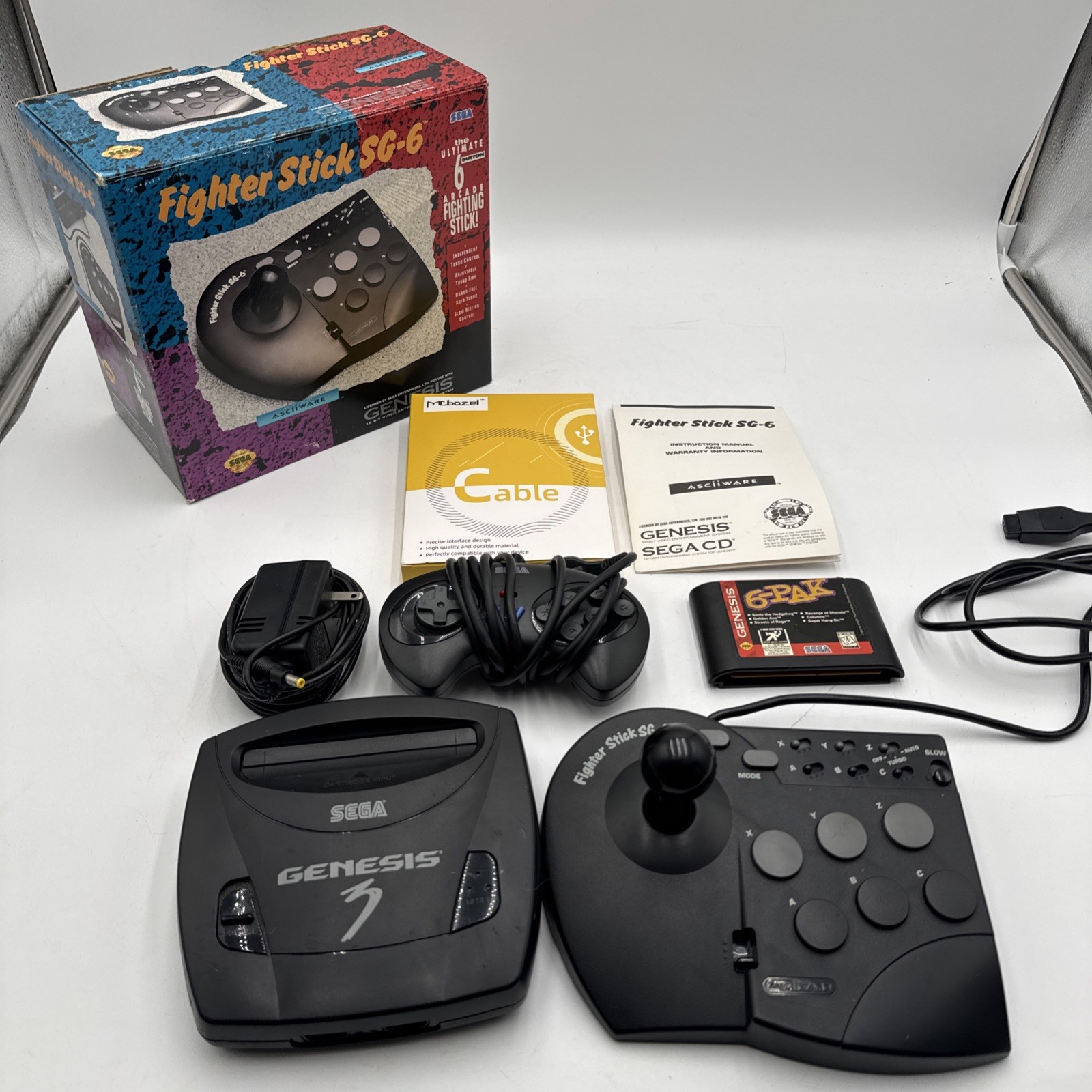 Sega Genesis 3 Console Bundle 6 Game Cartridge Power RCA SG-6 In Box Tested!
