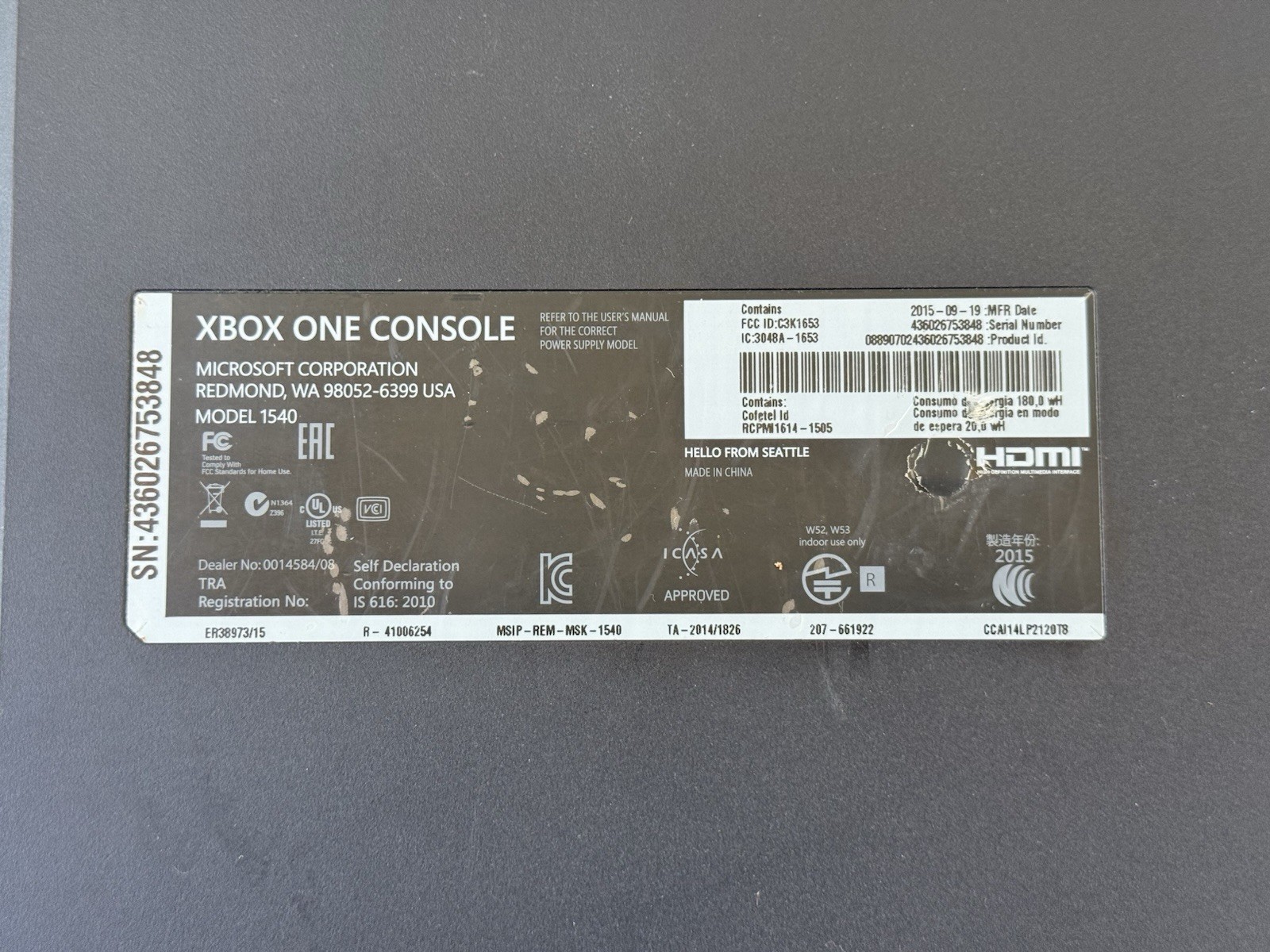 Microsoft Xbox One Gaming Console Black Model 1540 With Power Supply USED