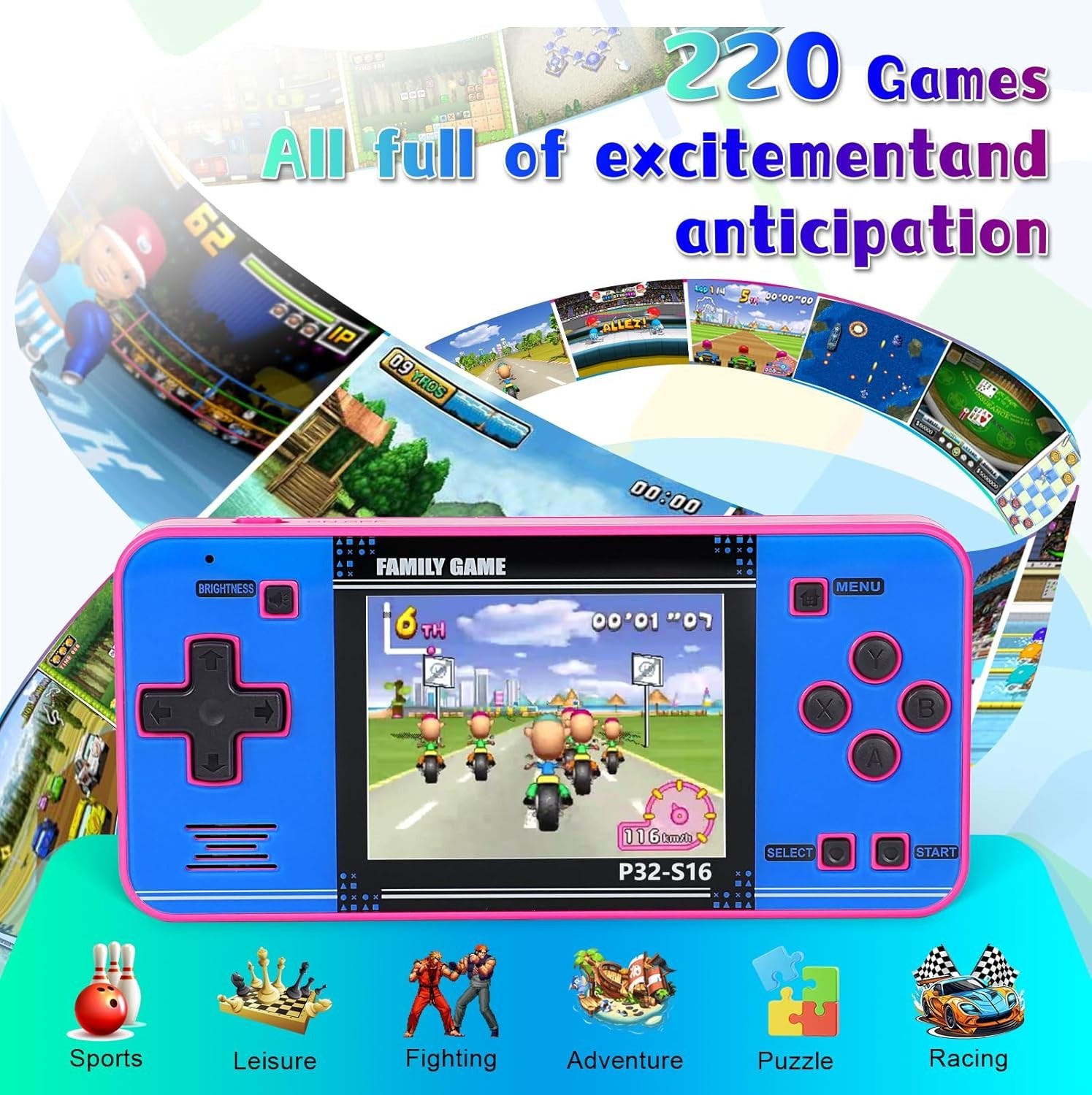 Handheld Game for Kids ，Built-in 220 32-bit Video Games, 3.0” IPS Screen, Rec…