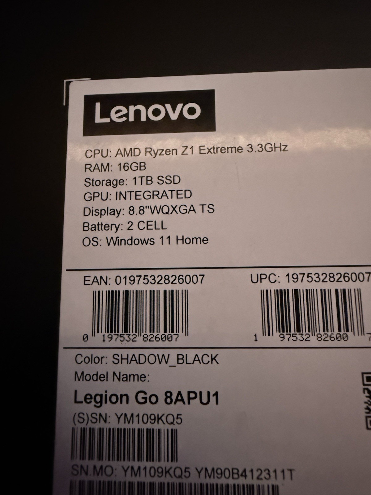 Lenovo Legion Go 8APU1 Shadow Black 1TB Handheld PC Touchscreen 1600p