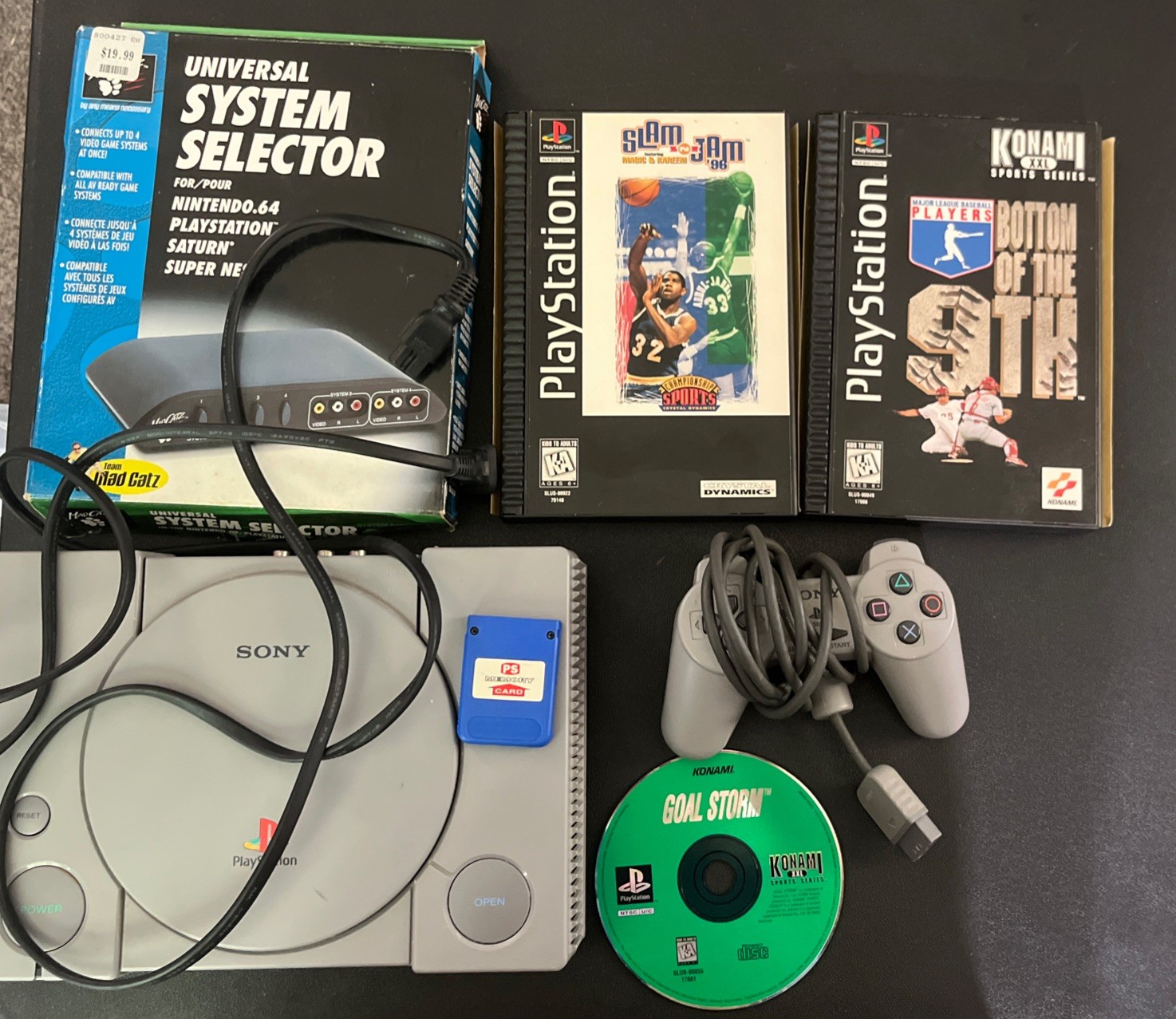 Sony PlayStation 1 Gray Turns On Controller Memory Card 3 Games Slam Jam NBA