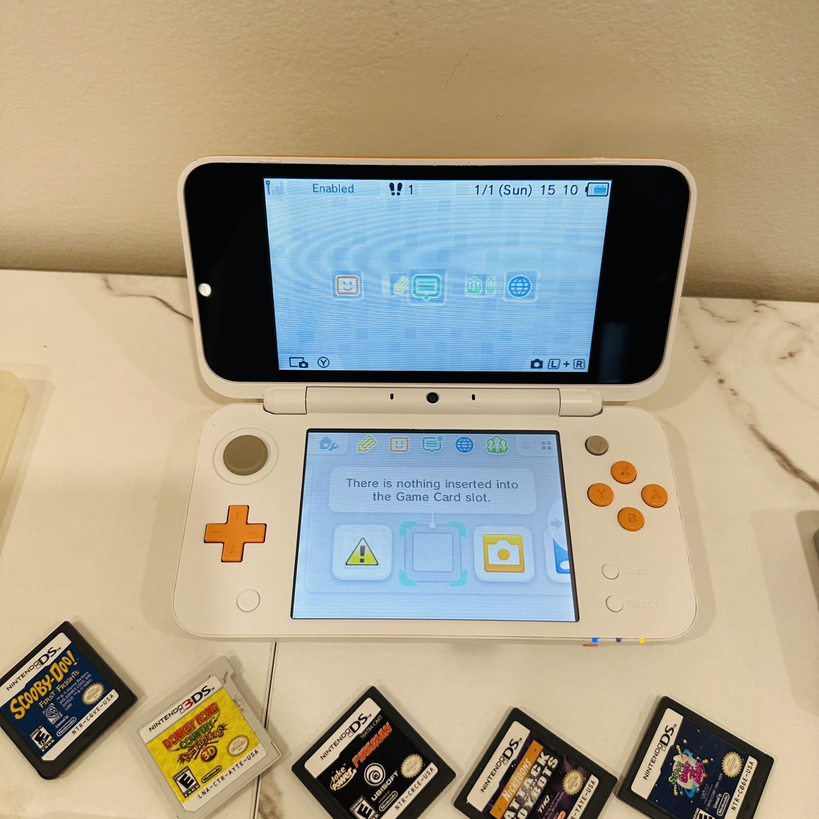 Nintendo New 2DS XL White Orange w/ 5 Games 32GB SD Charger Case Stylus Tested