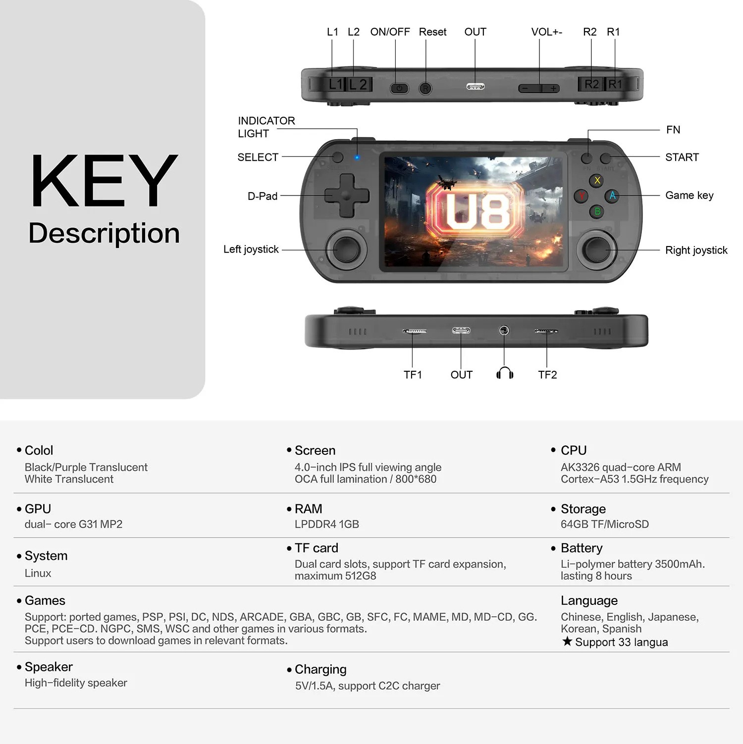 2026 New Upgraded U8 Retro Handheld Game Console, 128GB Mini Video Game