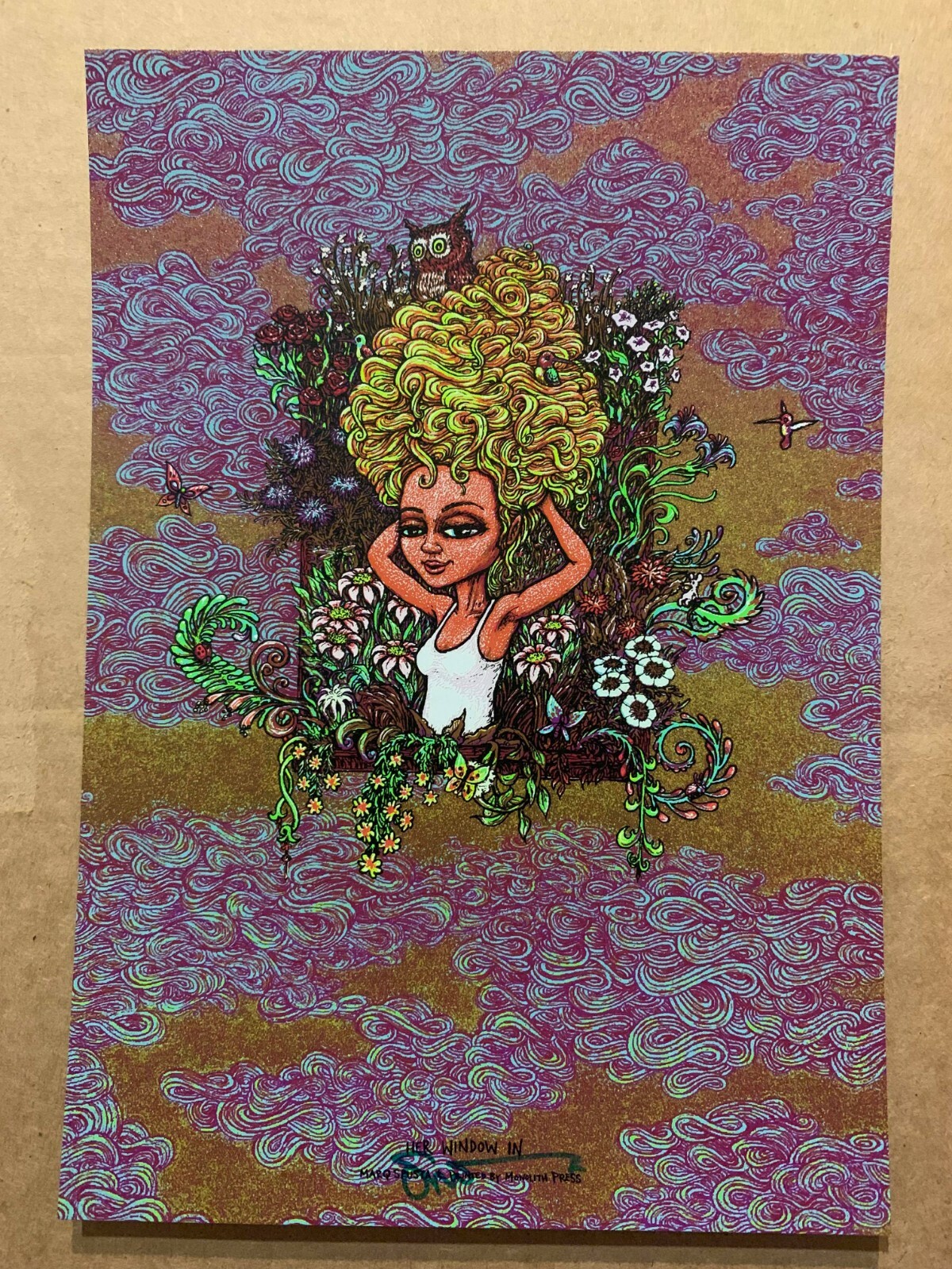 SIGNED Marq Spusta Her Window In Art print poster shimmer dark blue gold limited