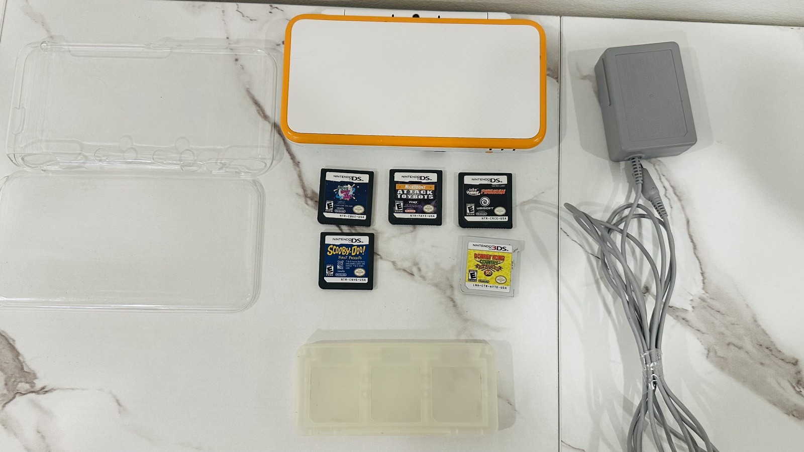 Nintendo New 2DS XL White Orange w/ 5 Games 32GB SD Charger Case Stylus Tested