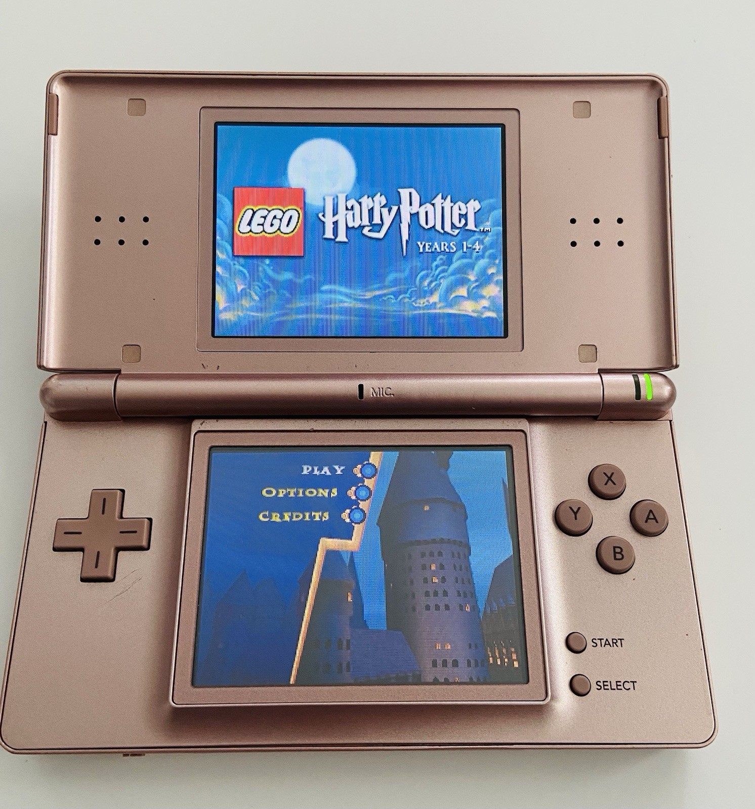Nintendo DS Lite Metallic Rose Gold Console w/HP Stylus Charger + 4 Games Lego