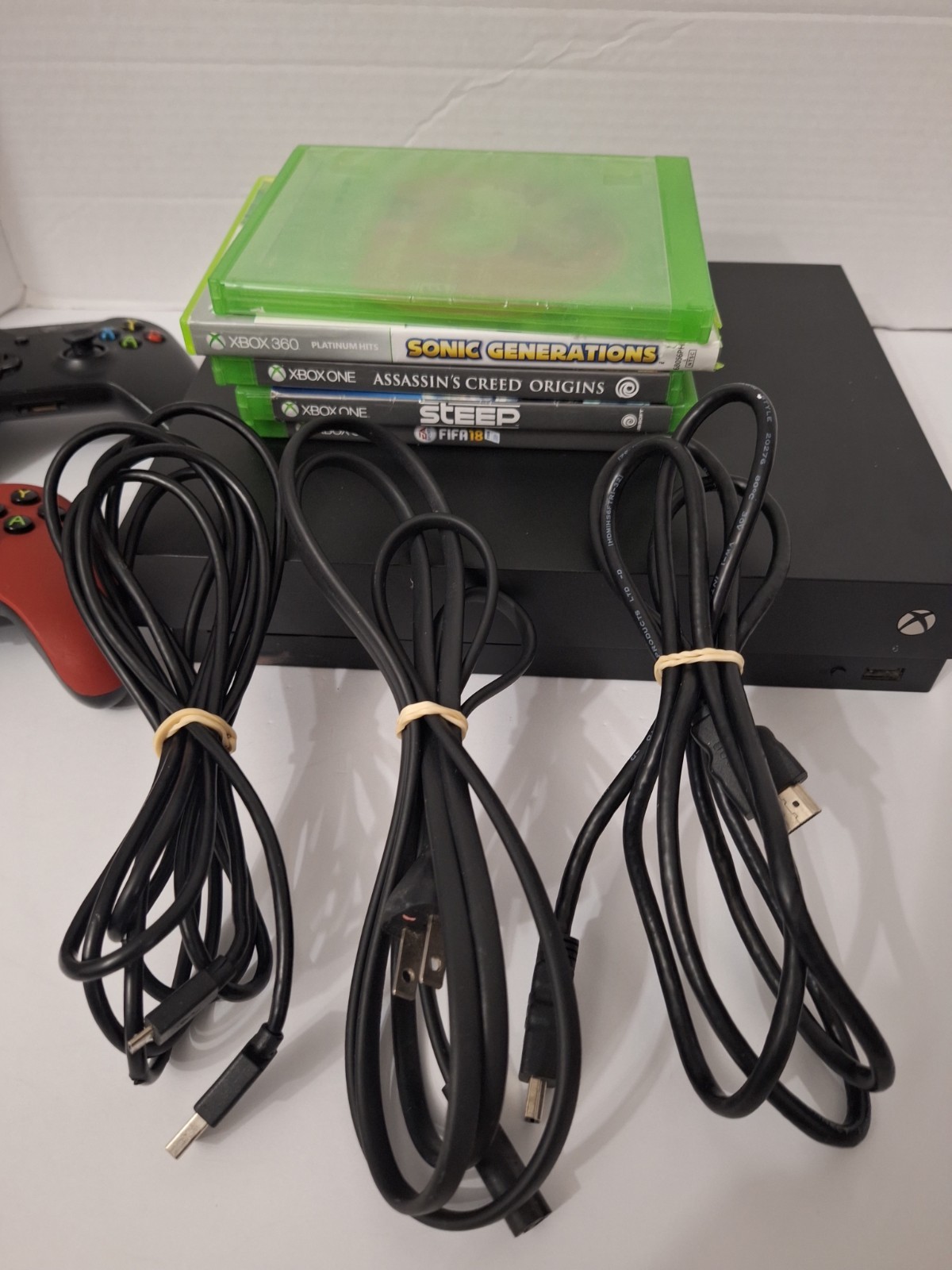 Microsoft Xbox One X Console 1TB 1787 BUNDLE 2 Controllers, Power Cords, 5 Games