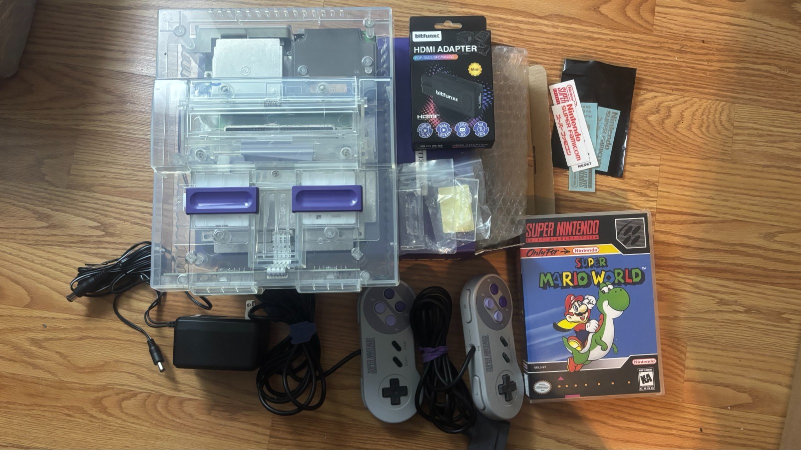 Super Nintendo SNES Console Transparent Clear Shell HDMI Game Bundle