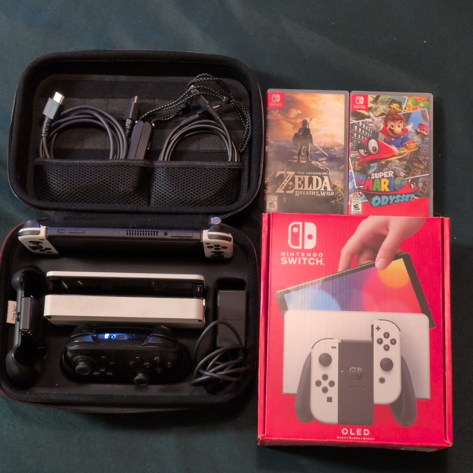 Nintendo Switch White OLED 64GB with Box Pro Controller Carrying Case and Games