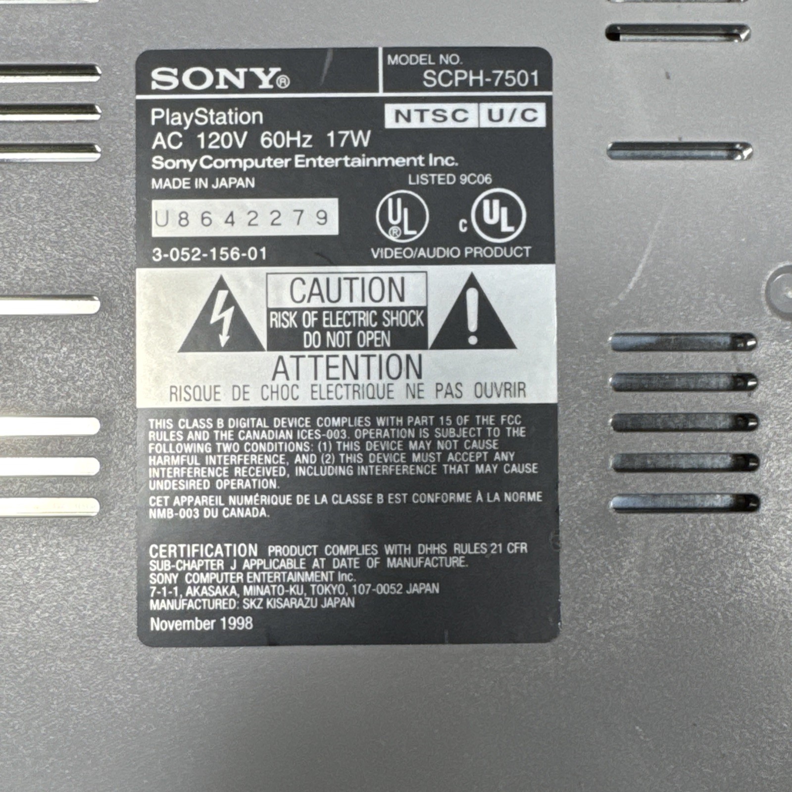 Sony PlayStation 1 PS1 Console (SCPH-7501) w/ OEM AV & Power Cable Tested
