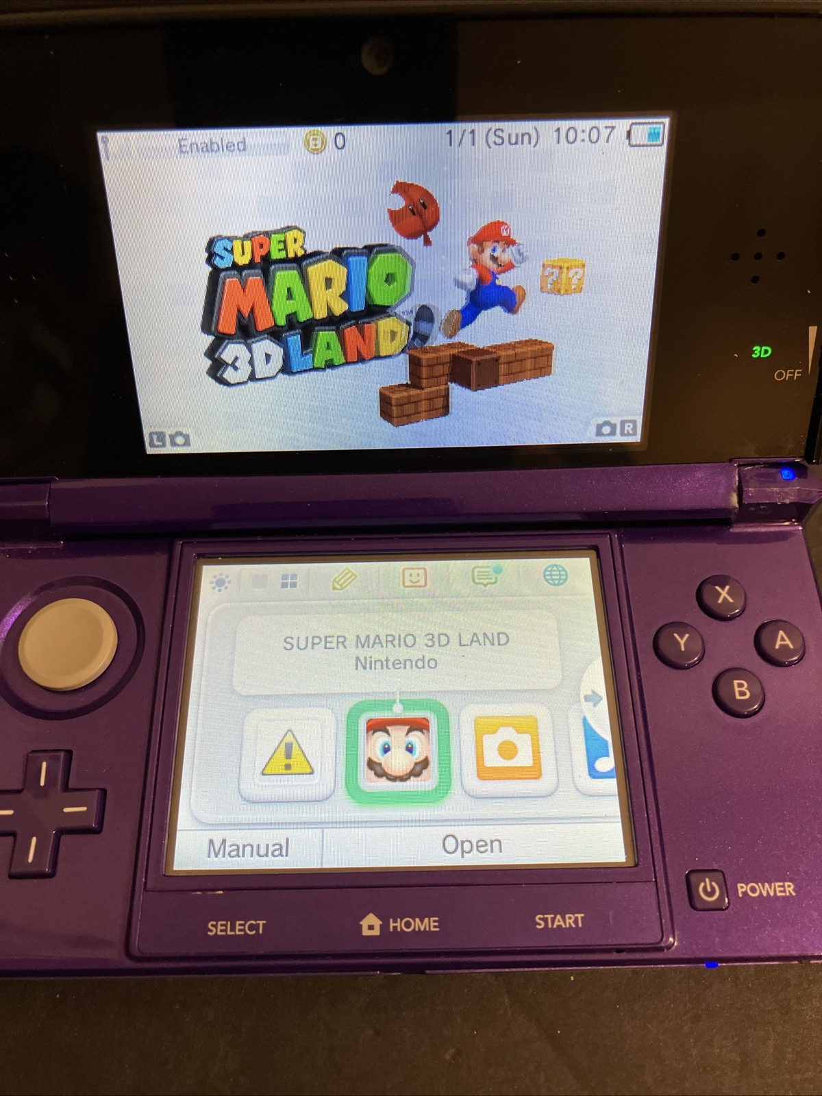 Nintendo 3DS Purple Handheld Console Bundle w/ Case & Mario Game CTR-001 2GB
