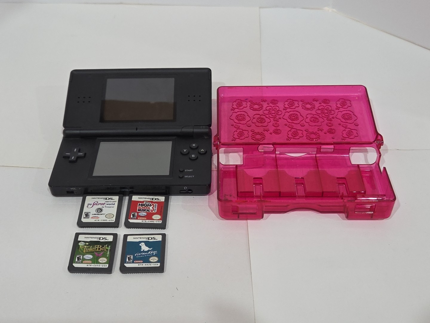 Nintendo DS Lite Console (Black) + 4 Games + Purple Case