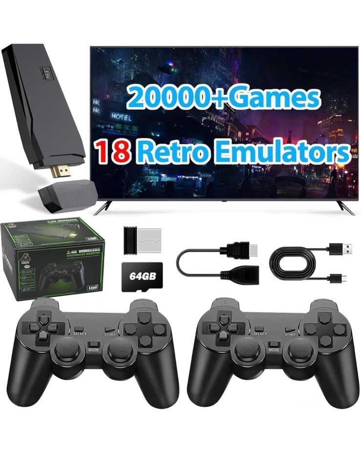 Wireless Retro Game Console Stick 20,000+ Games 4K HDMI w/ 2 Controllers (20GB)
