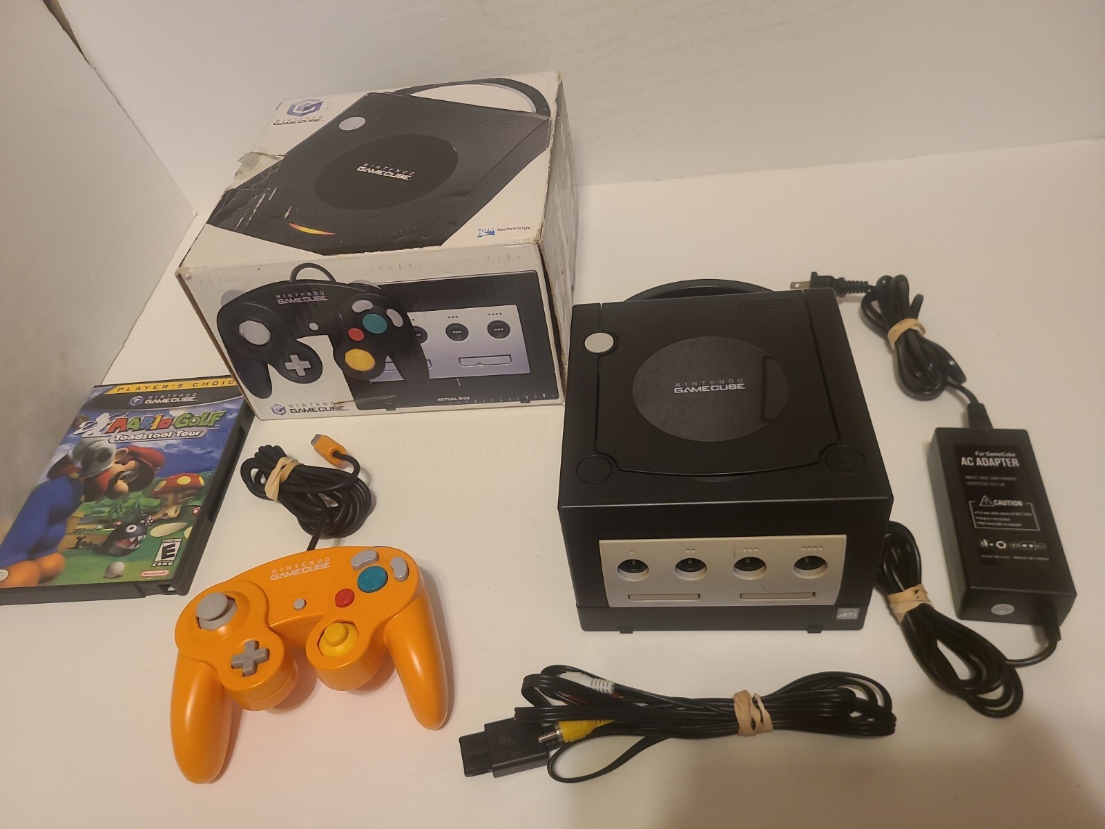 Nintendo Game Cube Black Console Box Spice Orange Controller Mario Golf