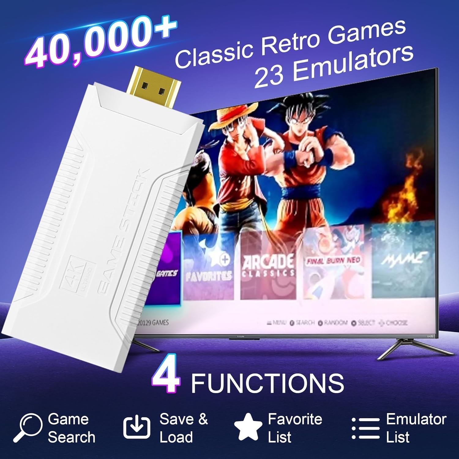 Retro Game Stick with 40,000+ Classic Games, 23 Emulators, Plug & Play 4K HDMI O