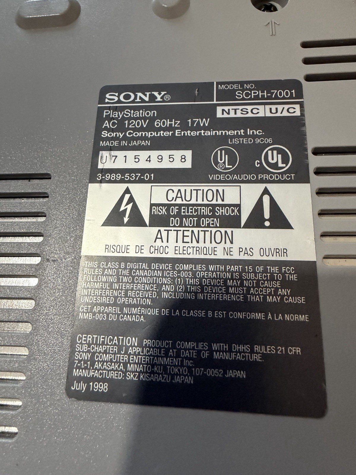 Sony PlayStation 1 Console SCPH-7001 NTSC-U/C – for parts/repair
