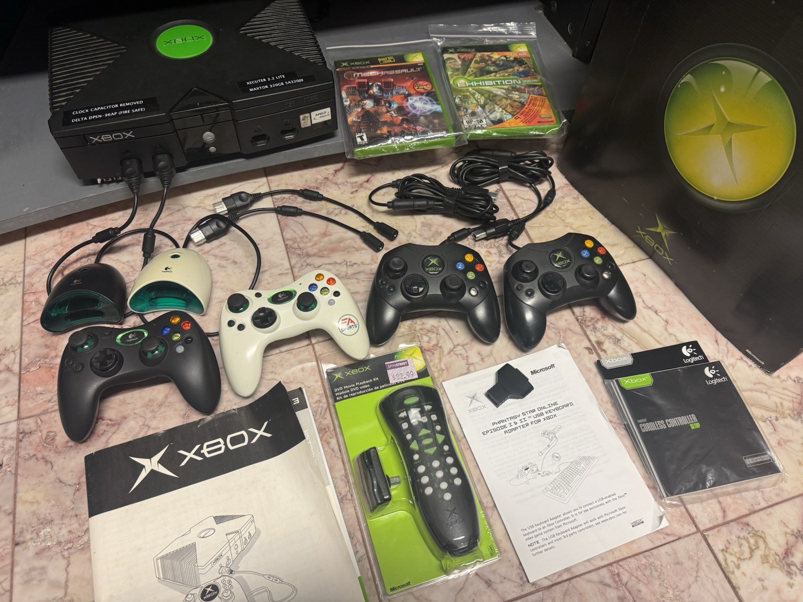 Original Xbox Bundle 320GB Samsung Logitech 4 Controllers DVD Remote USB Games