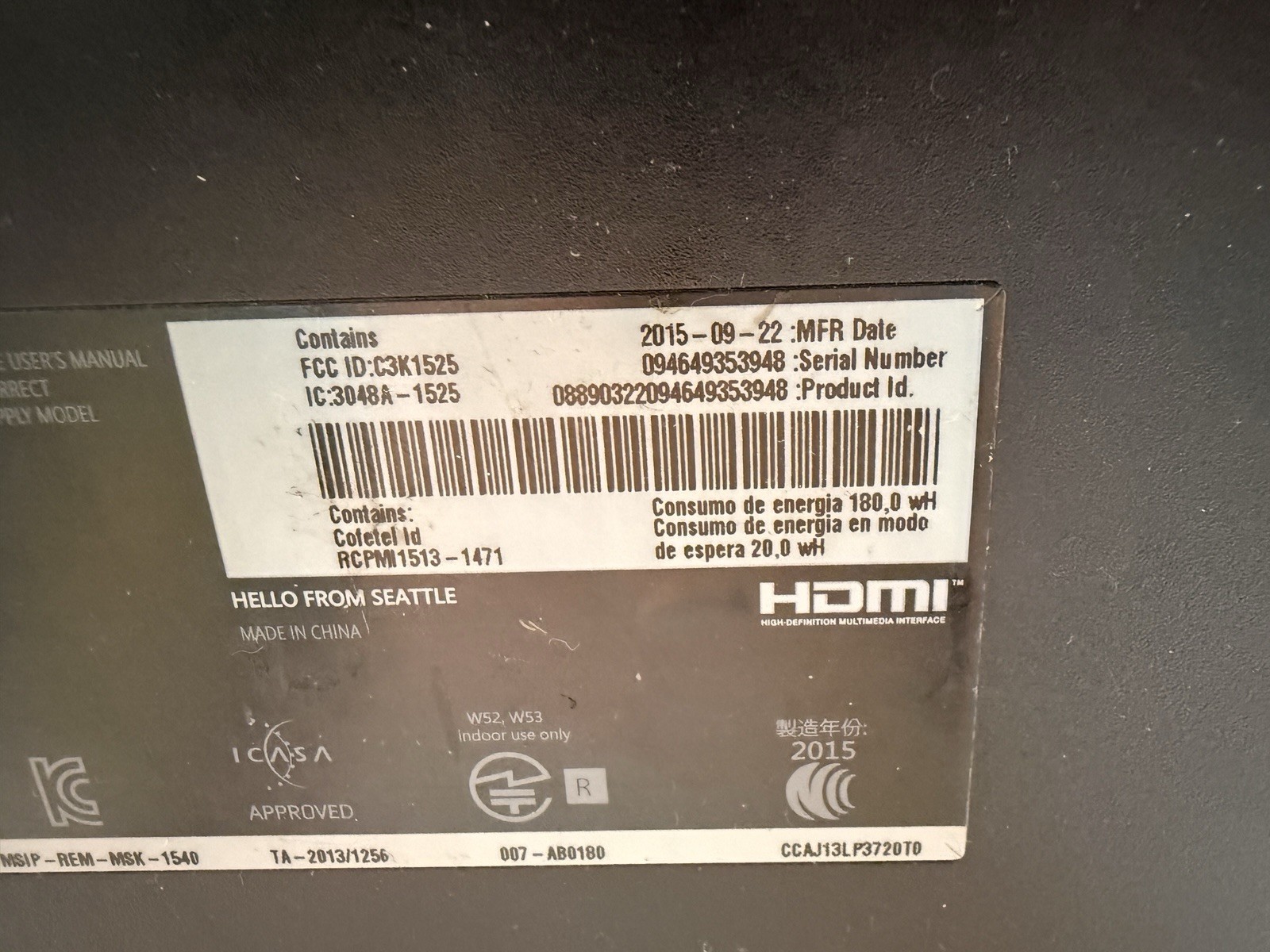Microsoft Xbox One 500GB Model 1540 Black Console + Power Supply, No Controller