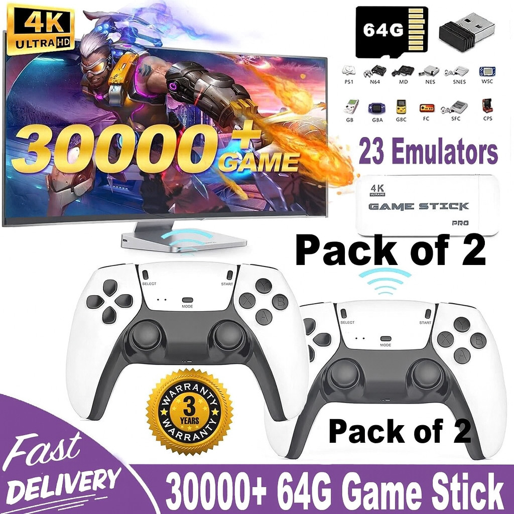 4K HDMI TV Game Stick Built-in 64GB 30000+ Video Games Console Wireless Gamepad