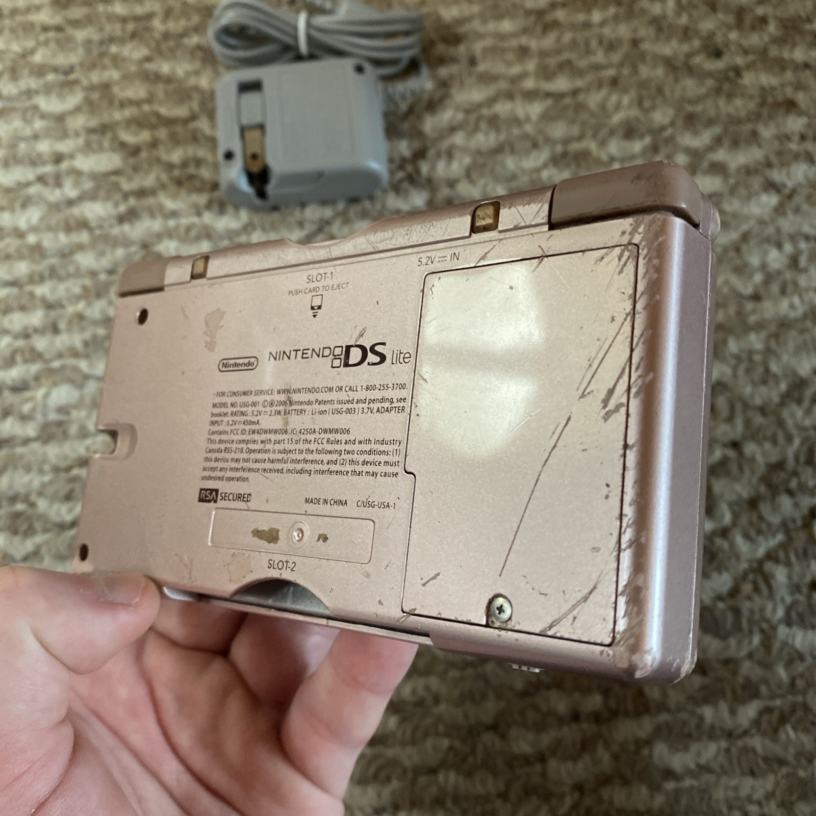 Nintendo DS Lite Metallic Rose Pink Handheld USG-001 W/ Charger Tested
