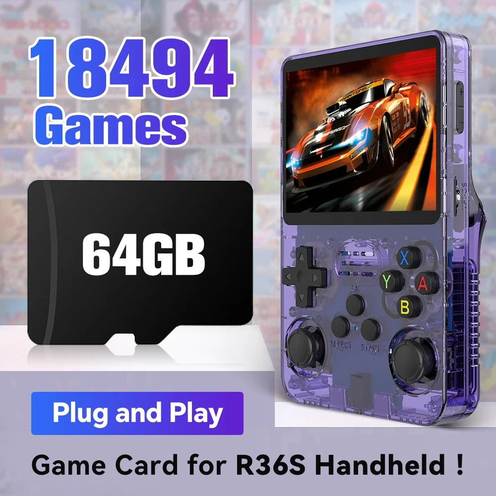 64GB Game Card for R36S Handheld Console with 18,494 Retro Games & Emulators