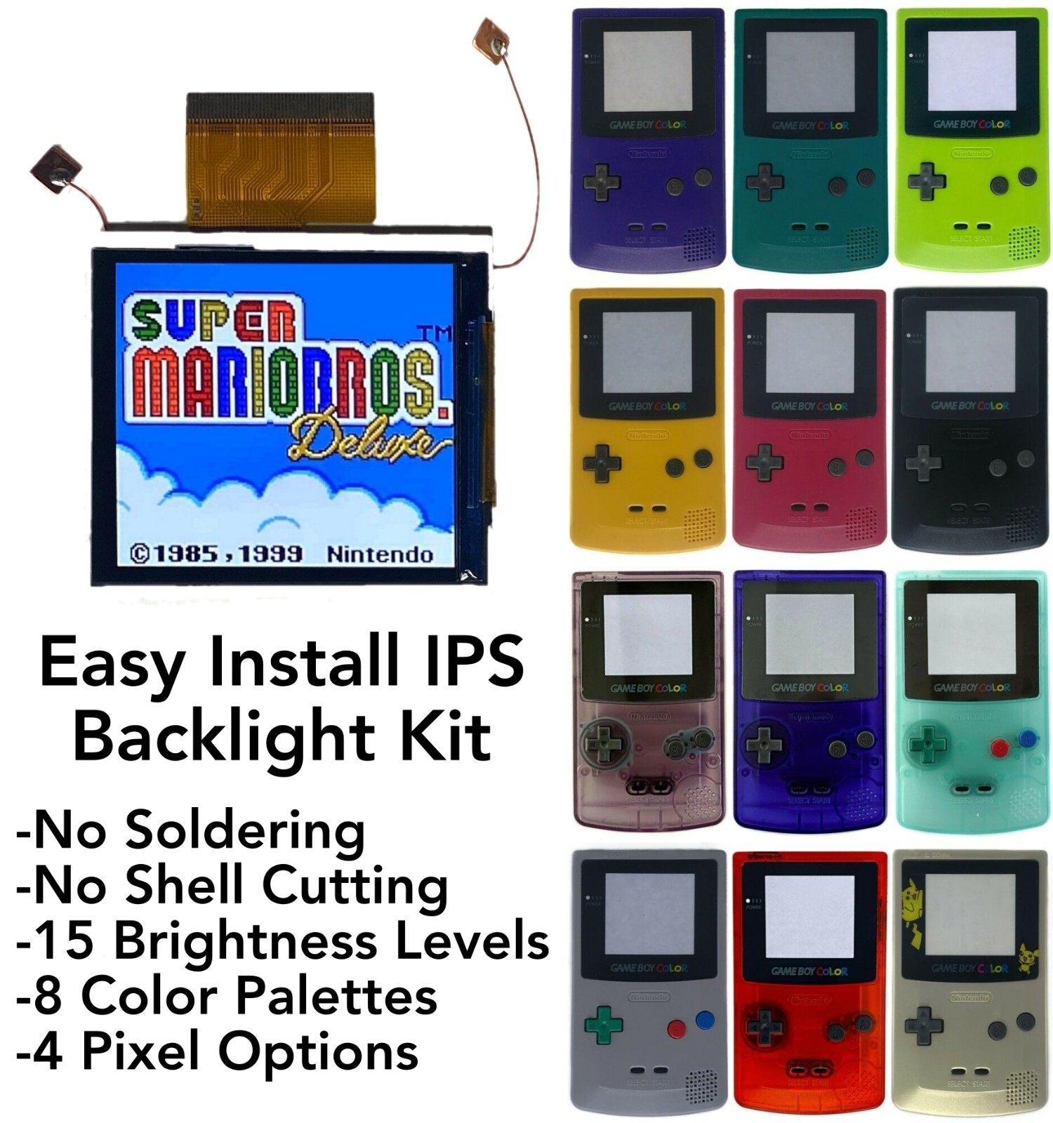 Gameboy Color IPS Backlight NO SOLDER 2.45″ Drop in Kit + Shell for Game Boy GBC