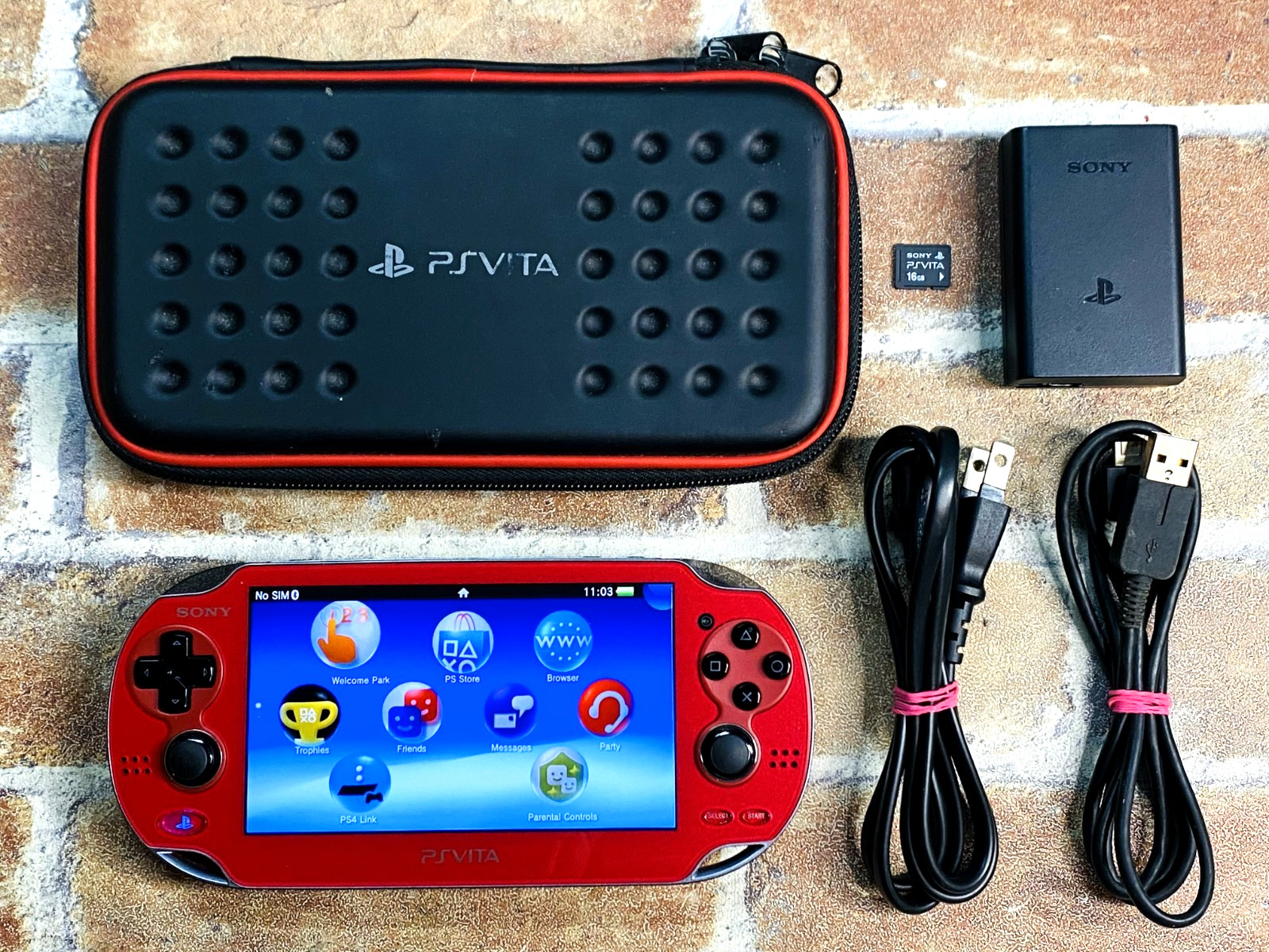 SONY PS Vita PCH-1100 Cosmic Red Japan Tested Charger 16GB Mobile Case EX
