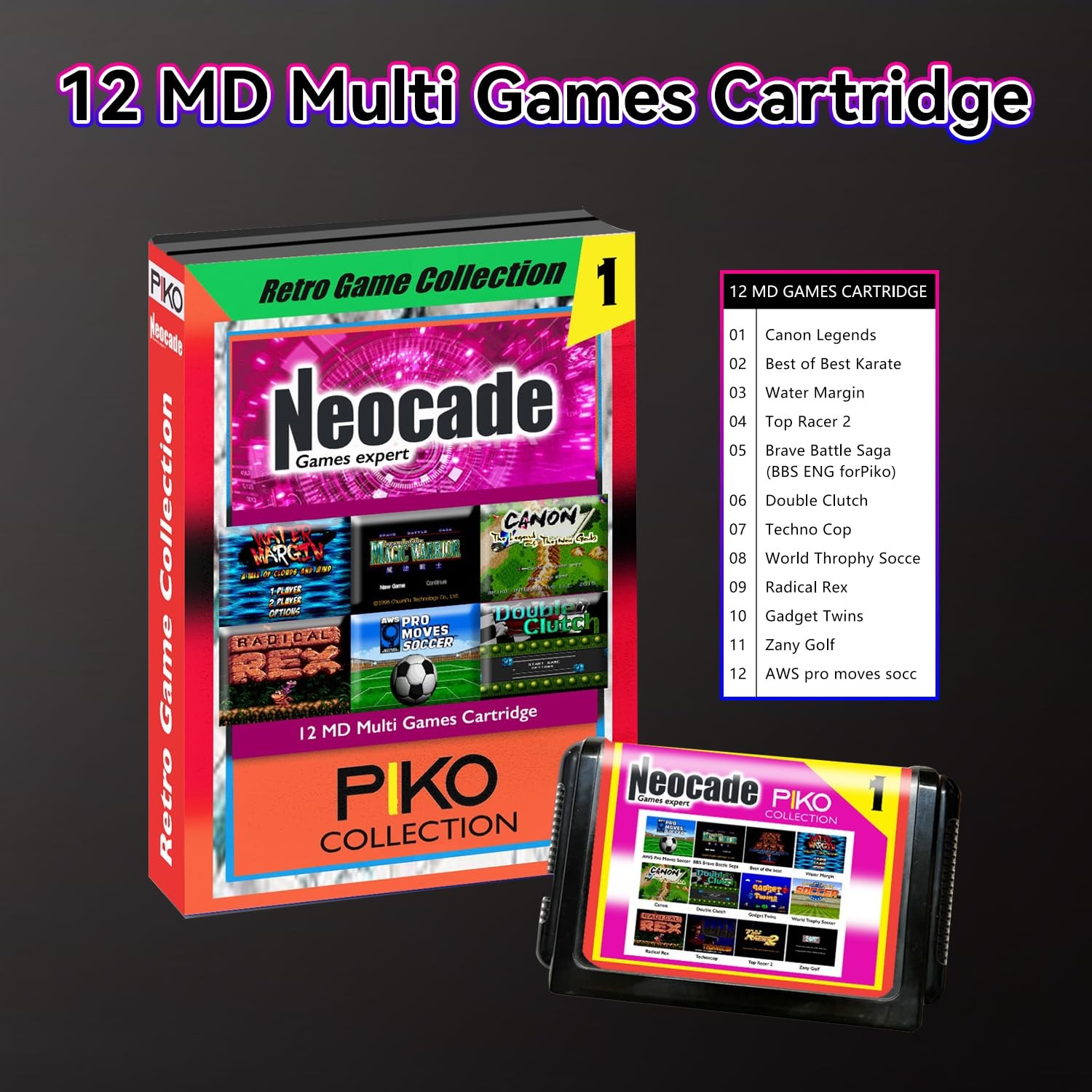 Game Console 12 MD Games Cartridge Portable 18 Built-in PIKO Classical Licens…