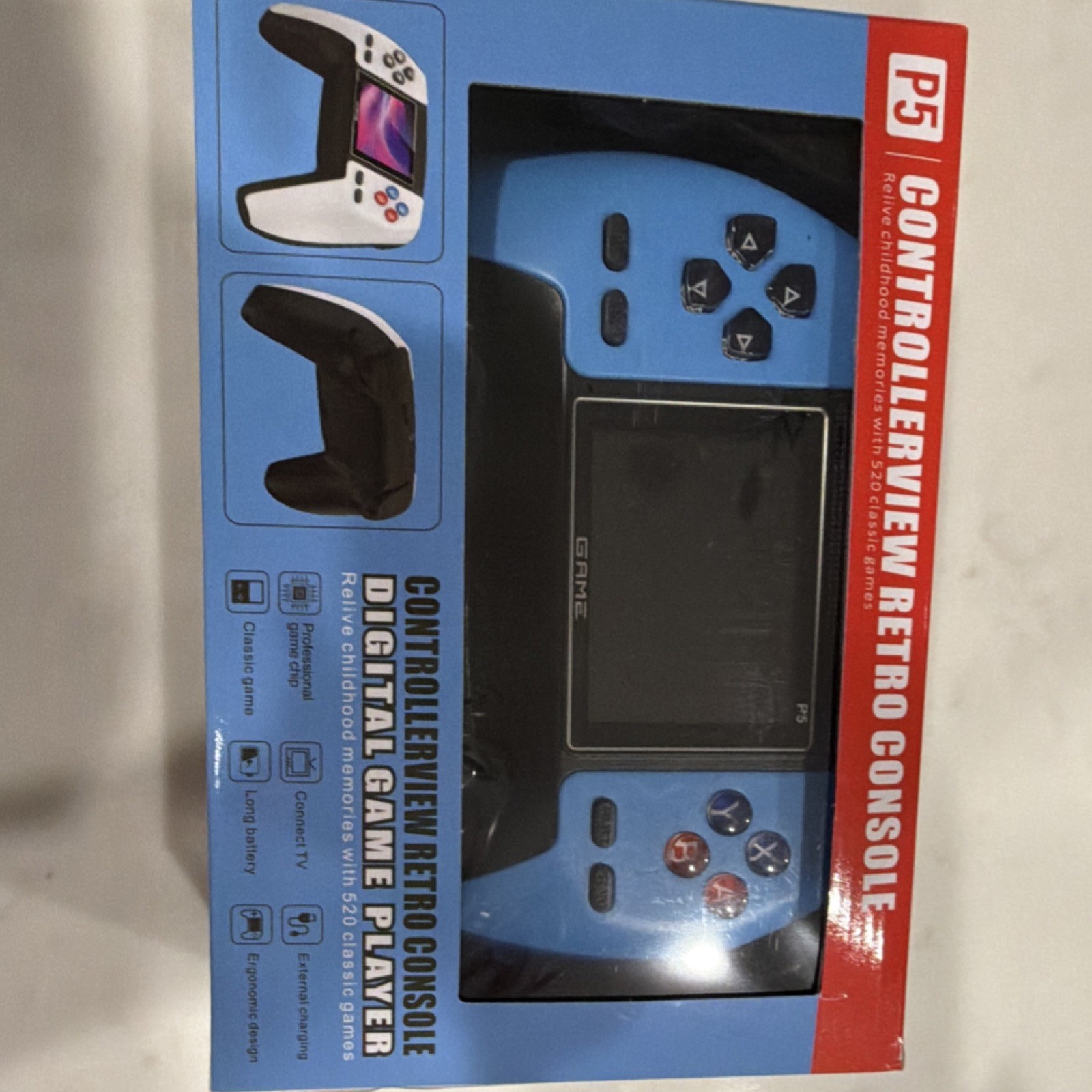 Controllerview P5 Blue Handheld Console Built-in Games Long Battery Ergonomic TV